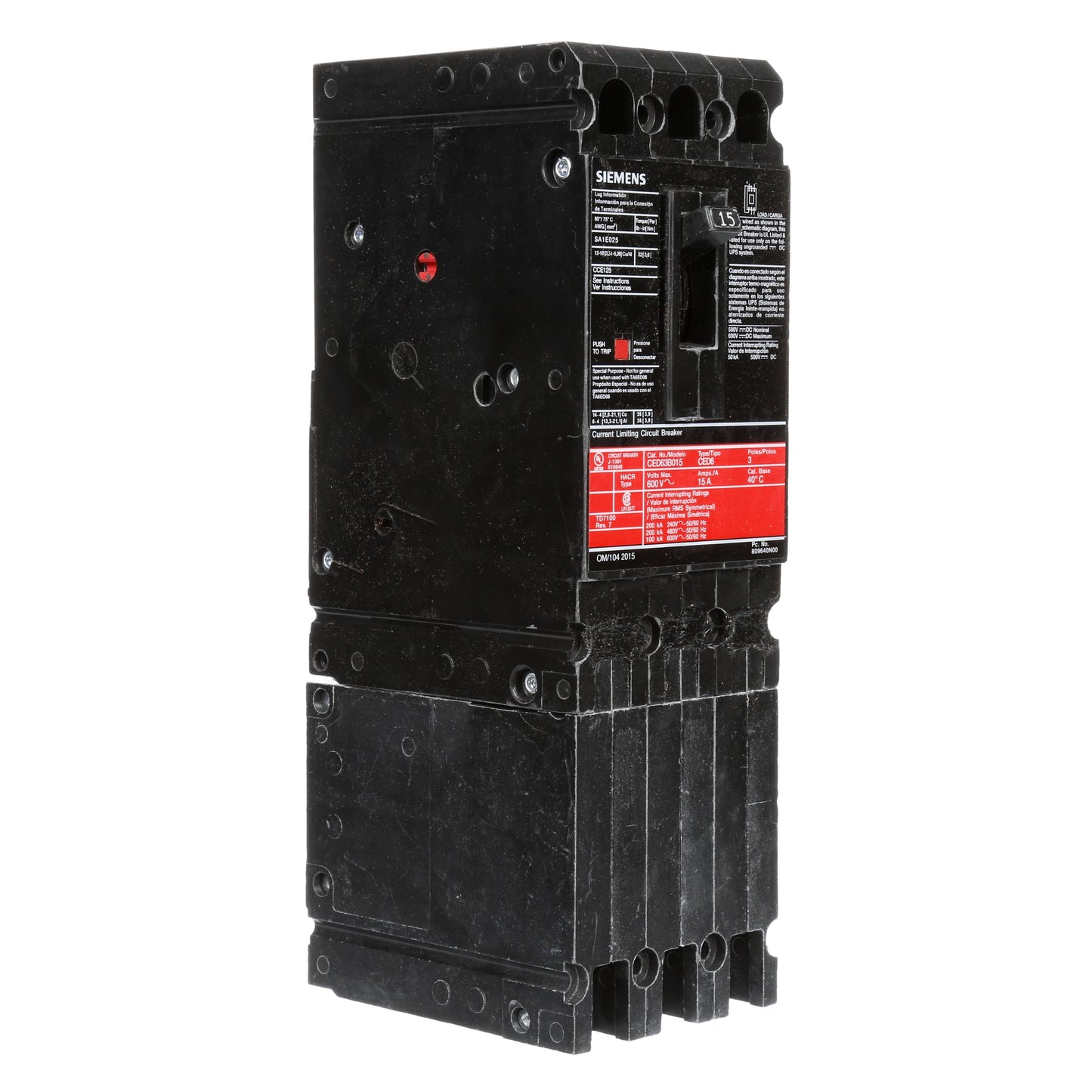 Siemens CED63B015 Circuit Breaker | 600V 15A 3P 200kA@480V Bolt-On Sentron Series