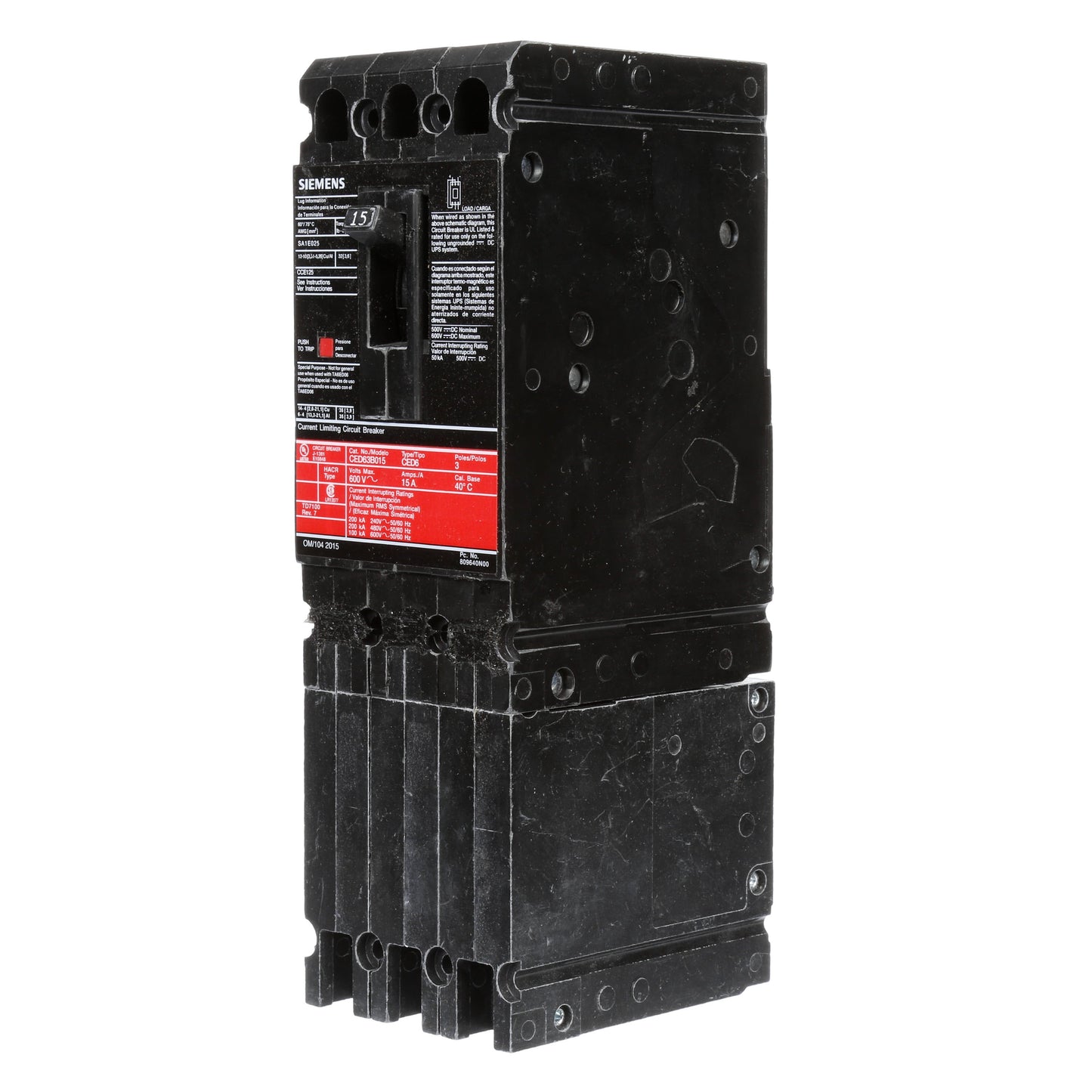 Siemens CED63B015 Circuit Breaker | 600V 15A 3P 200kA@480V Bolt-On Sentron Series