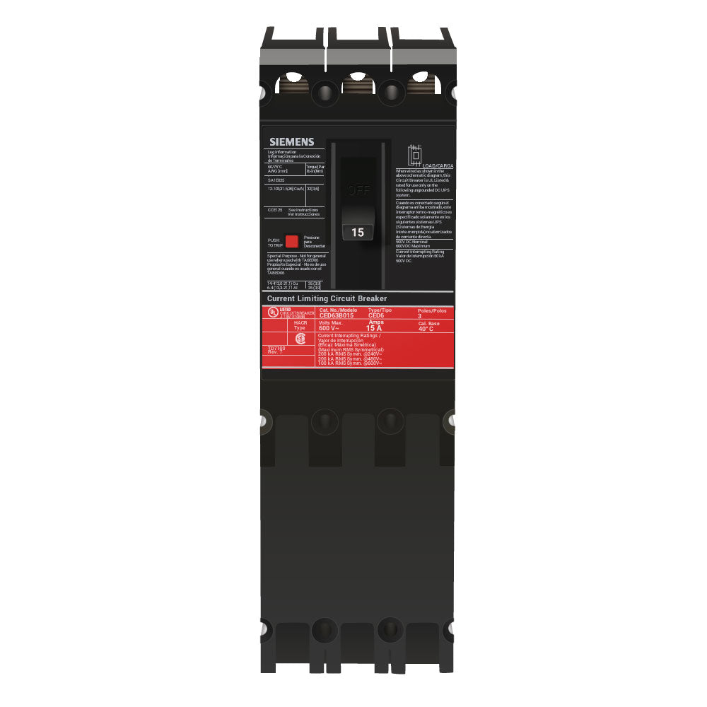 Siemens CED63B015 Circuit Breaker | 600V 15A 3P 200kA@480V Bolt-On Sentron Series