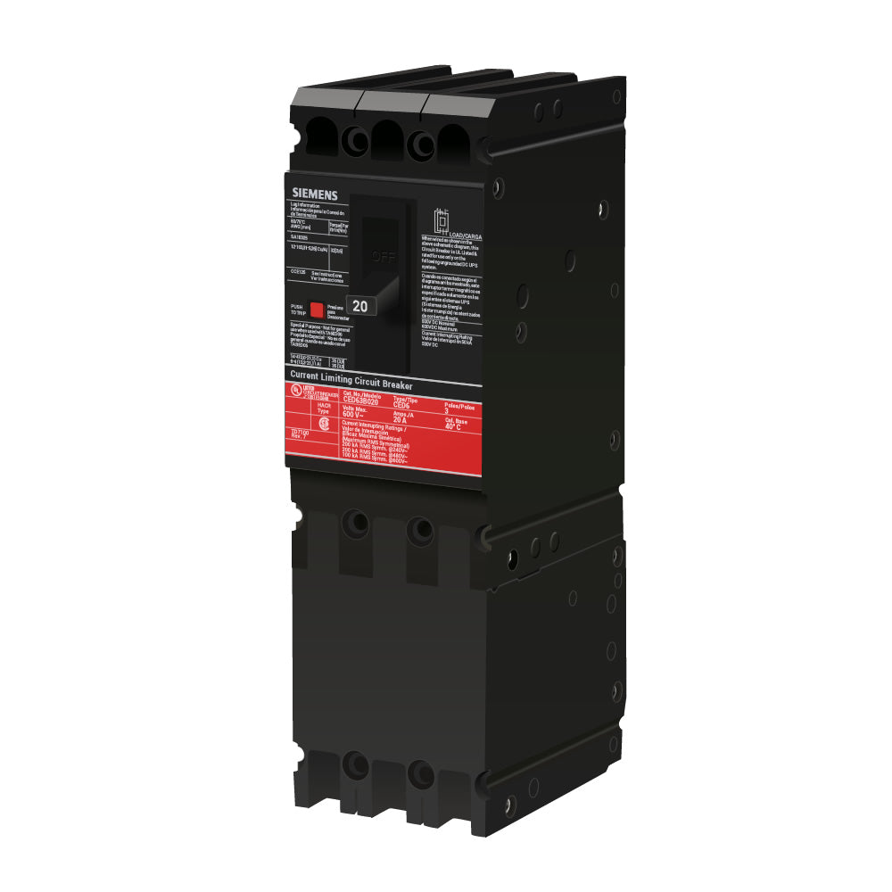 Siemens CED63B020 Circuit Breaker | 600V 20A 3P 200kA@480V Bolt-On Sentron Series