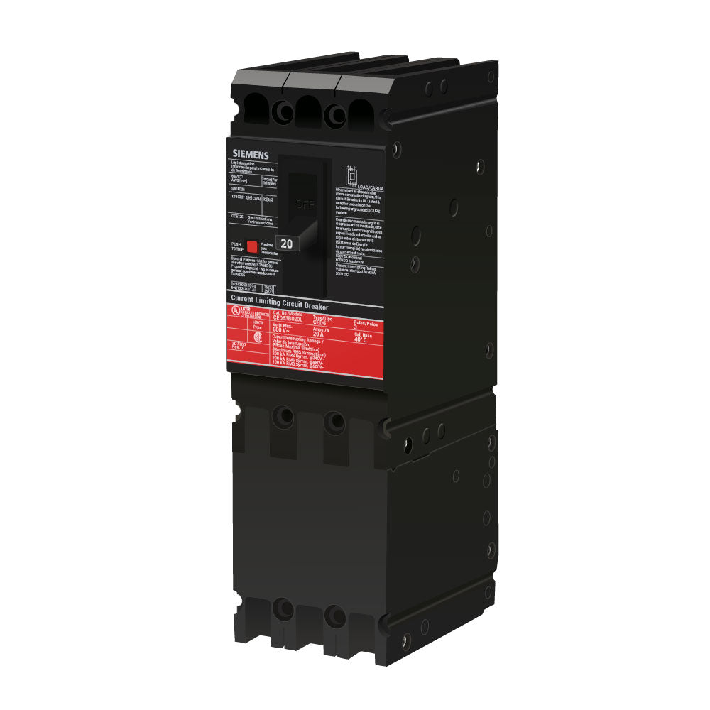 Siemens CED63B020L Circuit Breaker | 600V 20A 3P 200kA@480V Feed-Thru Sentron Series