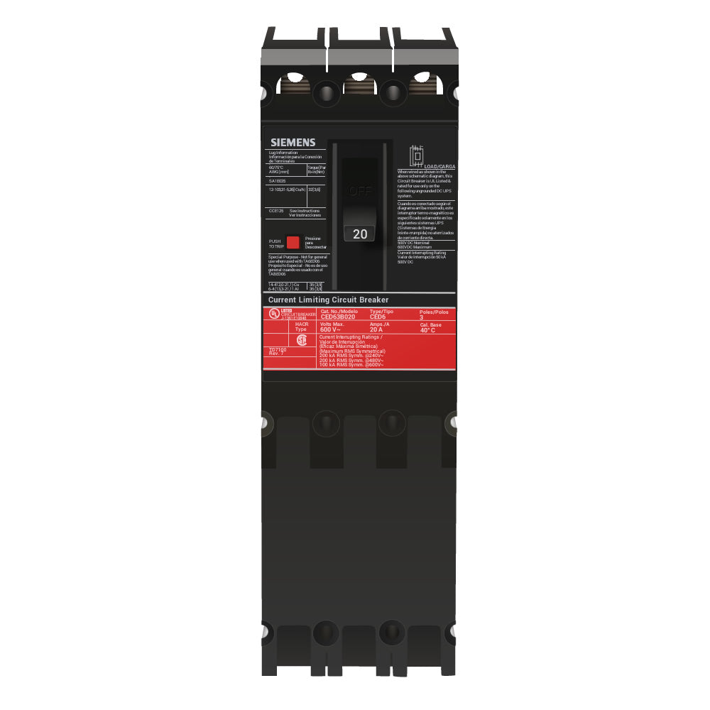 Siemens CED63B020 Circuit Breaker | 600V 20A 3P 200kA@480V Bolt-On Sentron Series