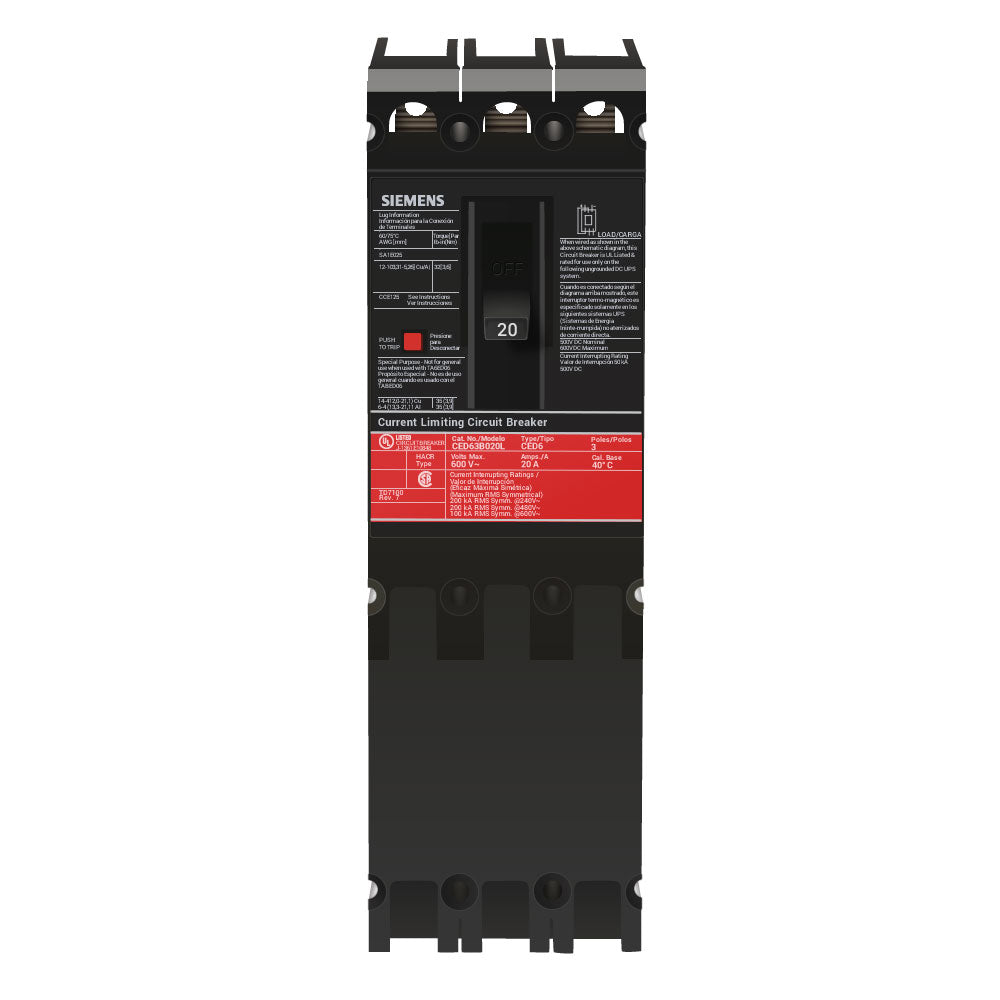 Siemens CED63B020L Circuit Breaker | 600V 20A 3P 200kA@480V Feed-Thru Sentron Series