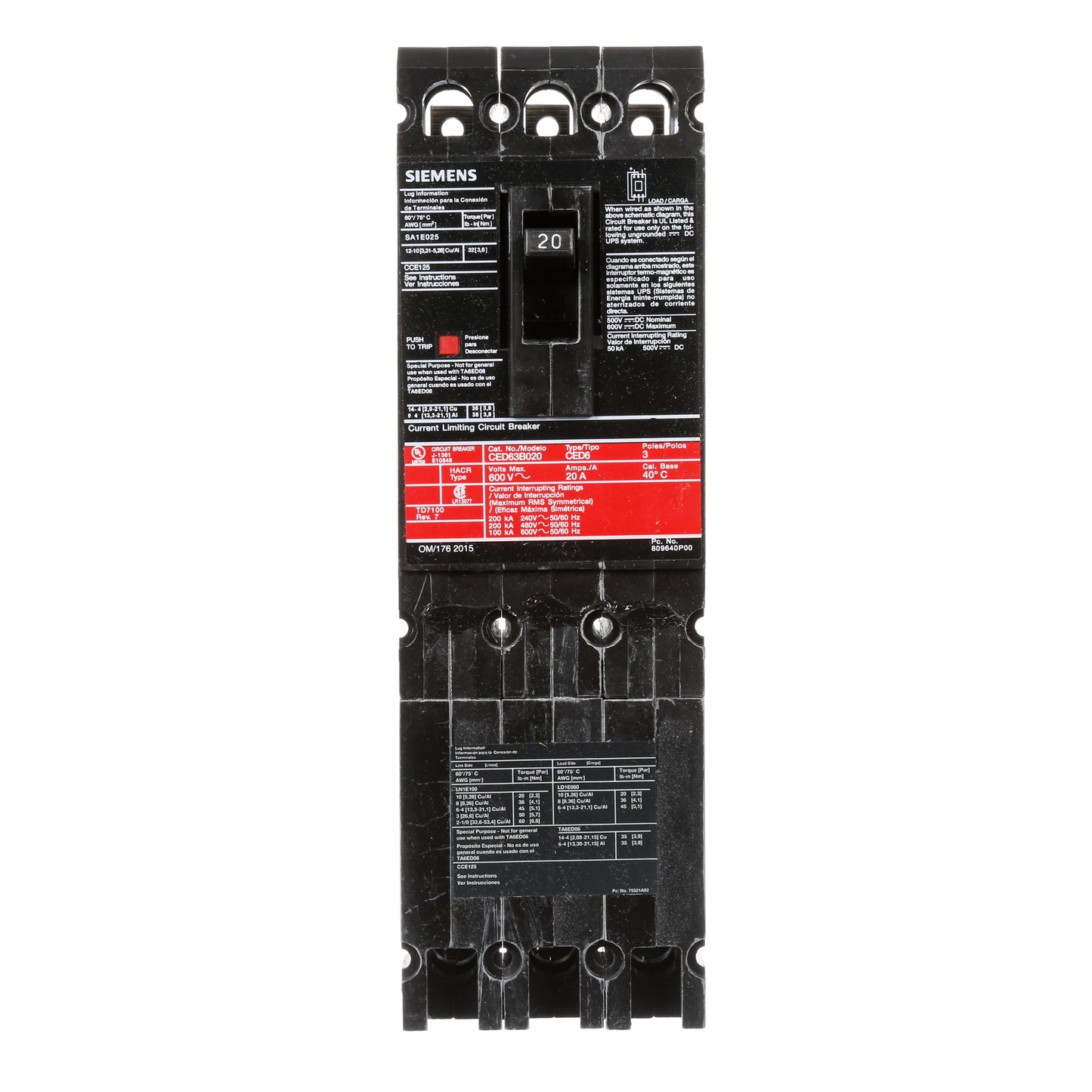 Siemens CED63B020 Circuit Breaker | 600V 20A 3P 200kA@480V Bolt-On Sentron Series