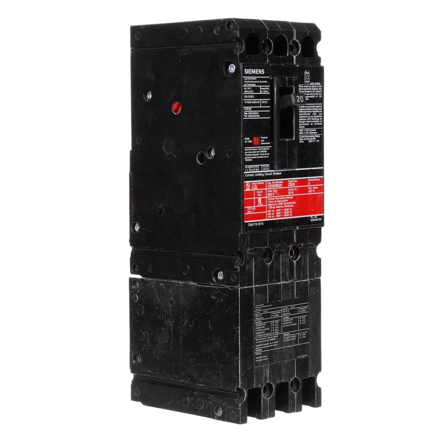 Siemens CED63B020 Circuit Breaker | 600V 20A 3P 200kA@480V Bolt-On Sentron Series