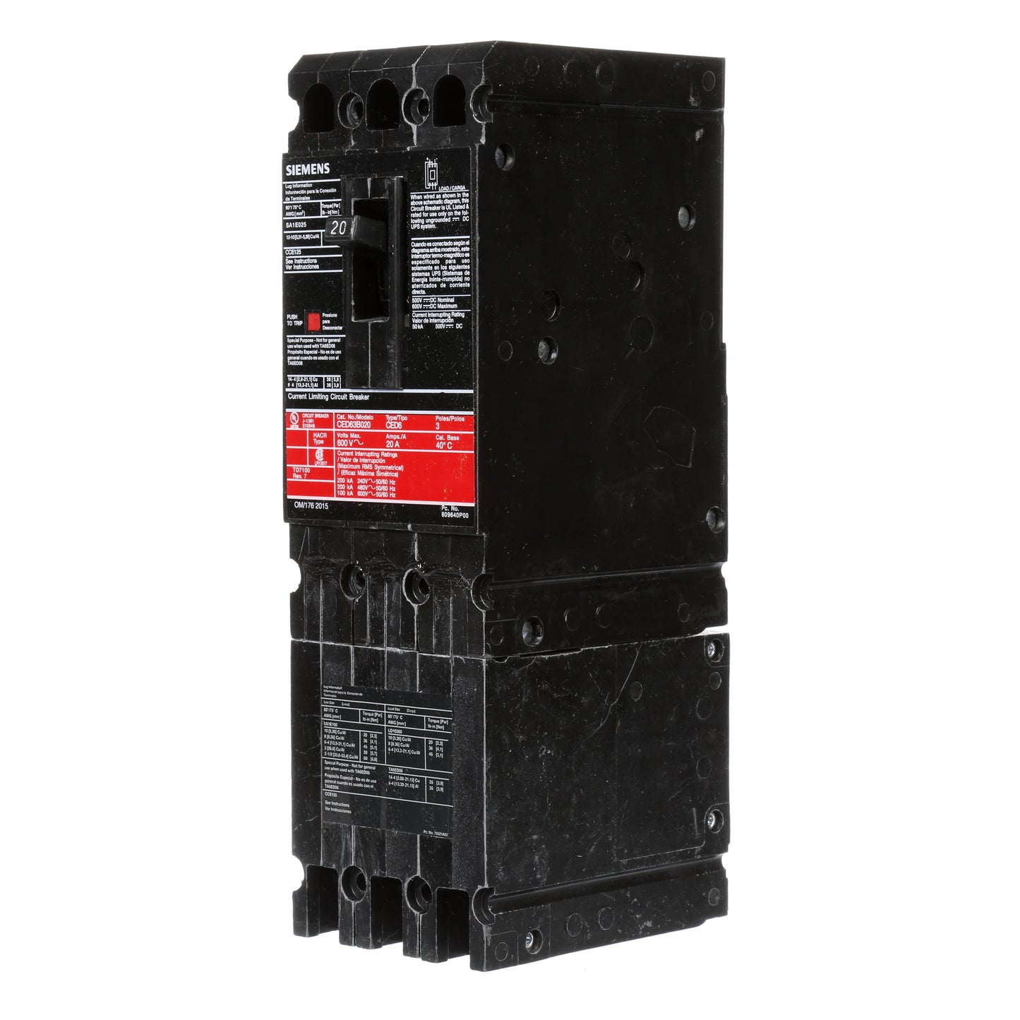 Siemens CED63B020 Circuit Breaker | 600V 20A 3P 200kA@480V Bolt-On Sentron Series