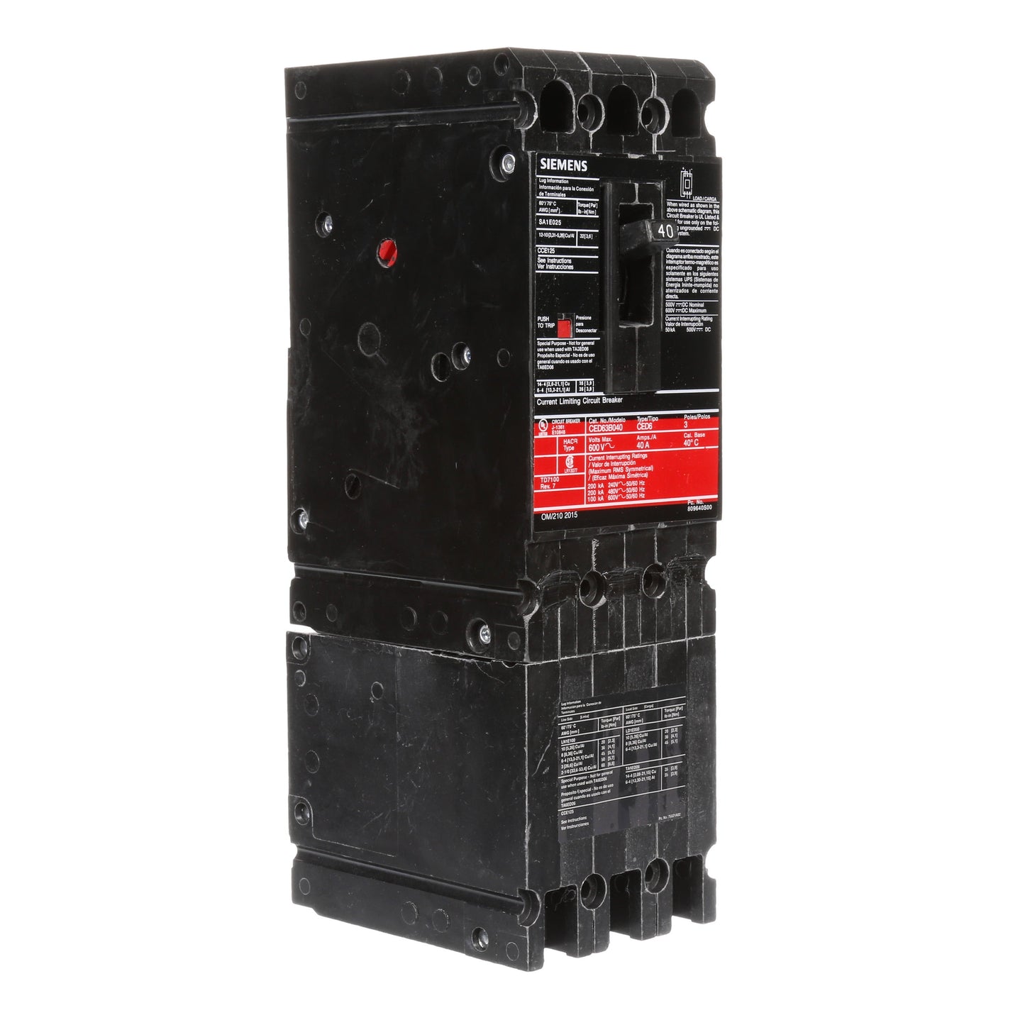 Siemens CED63B040 Molded Case Circuit Breaker | 600V 40A 3P 200kA@480V Bolt-On Sentron Series