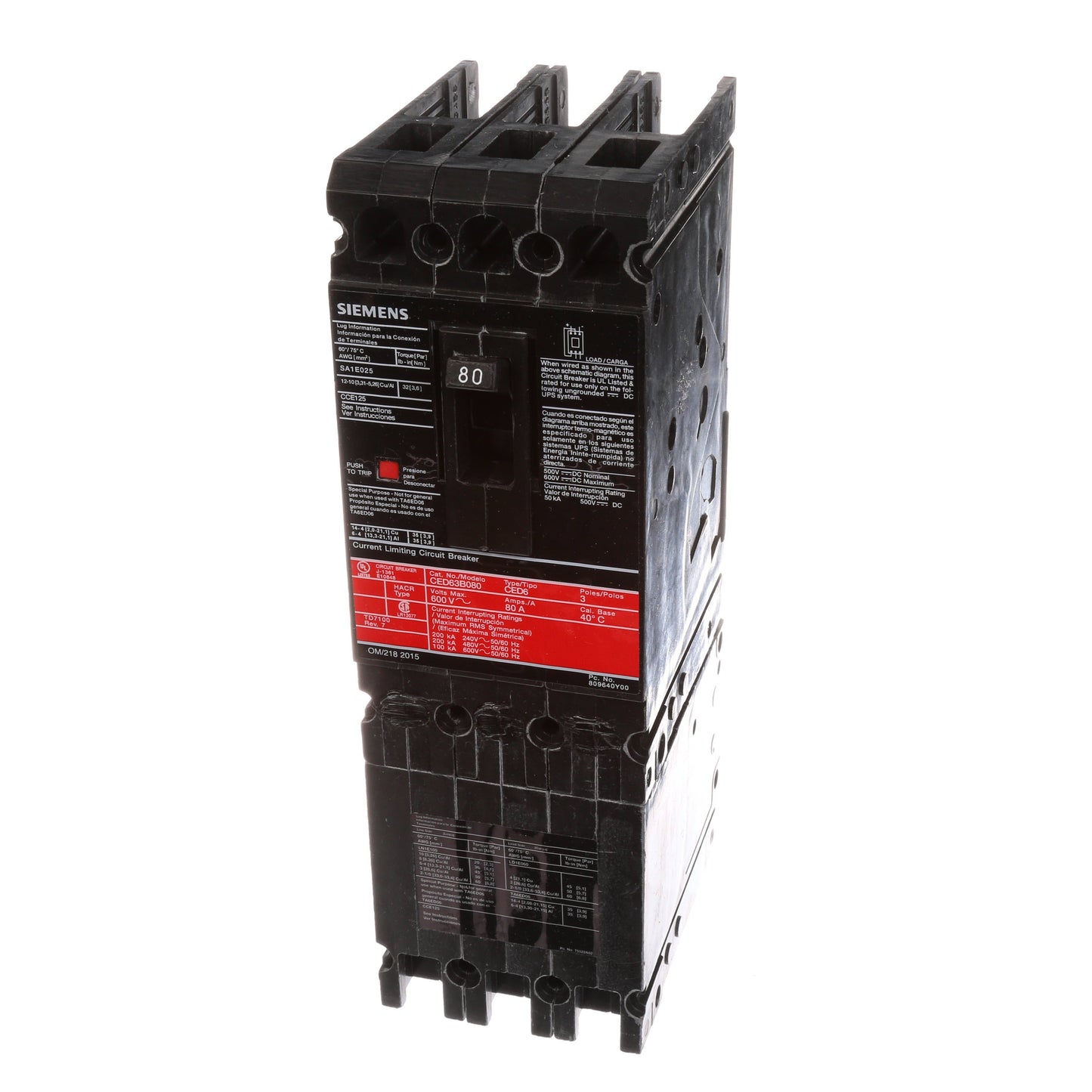 Siemens CED63B080 Molded Case Circuit Breaker | 600V 80A 3P 200kA@480V Bolt-On Sentron Series