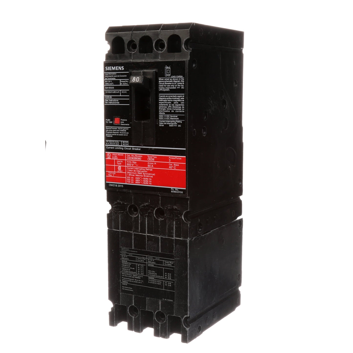 Siemens CED63B080 Molded Case Circuit Breaker | 600V 80A 3P 200kA@480V Bolt-On Sentron Series