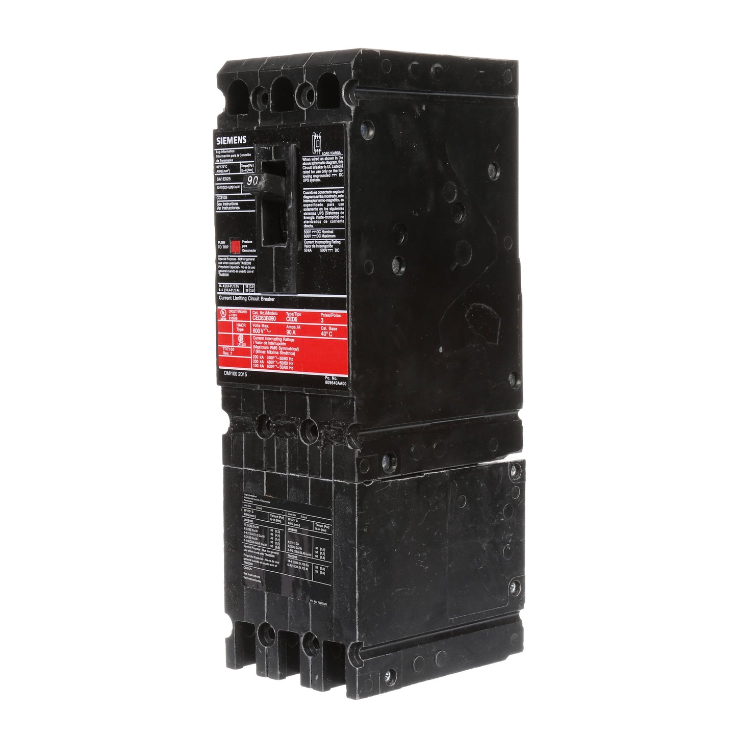 Siemens CED63B090 Circuit Breaker | 600V 90A 3P Bolt-On 200kA@480V Sentron Series