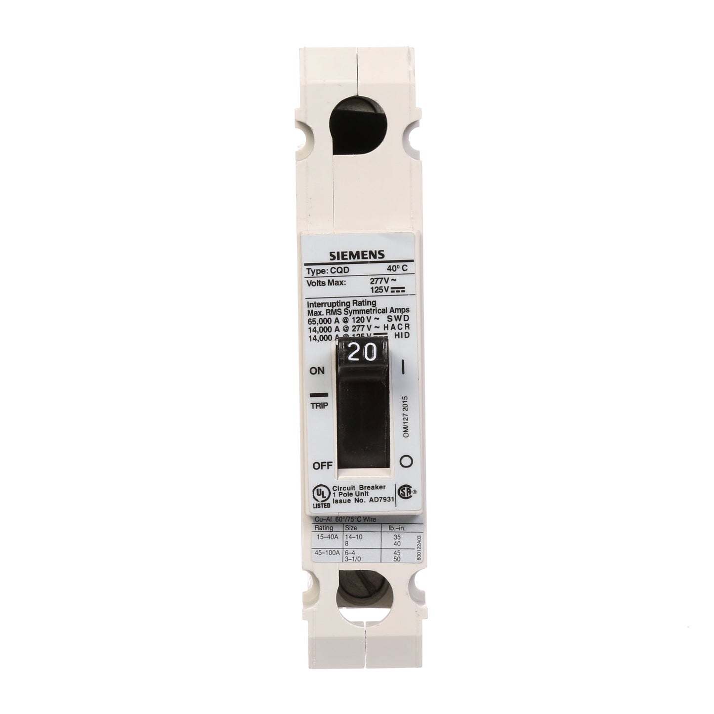 Siemens CQD120 Circuit Breaker | 277V 20A 1P 14kA@277V Feed-Thru CQD Series