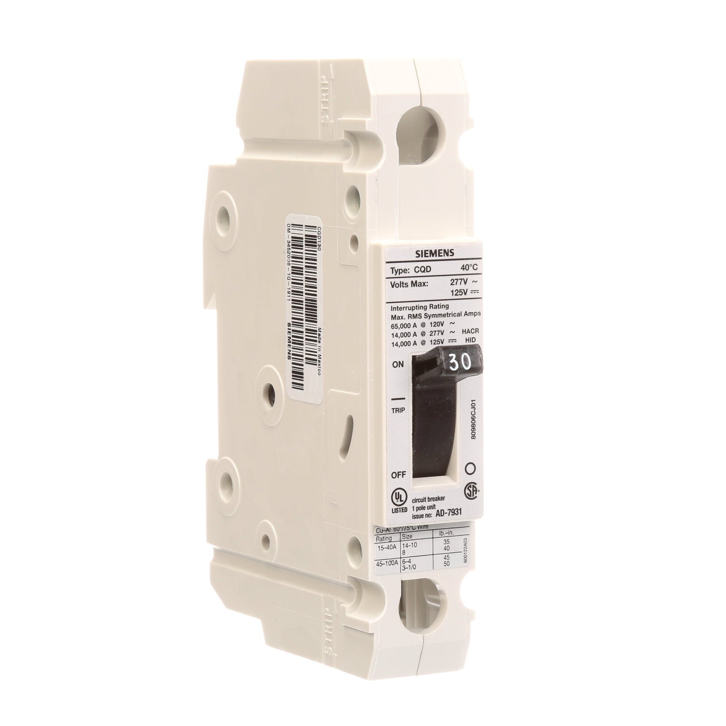 Siemens CQD130 Circuit Breaker | 277V 30A 1 Pole 14kA@277V Feed-Thru CQD Series