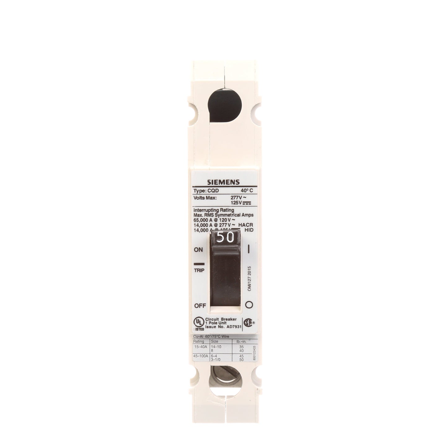 Siemens CQD150 Circuit Breaker | 277V 50A 1P 14kA@277V Feed-Thru CQD Series