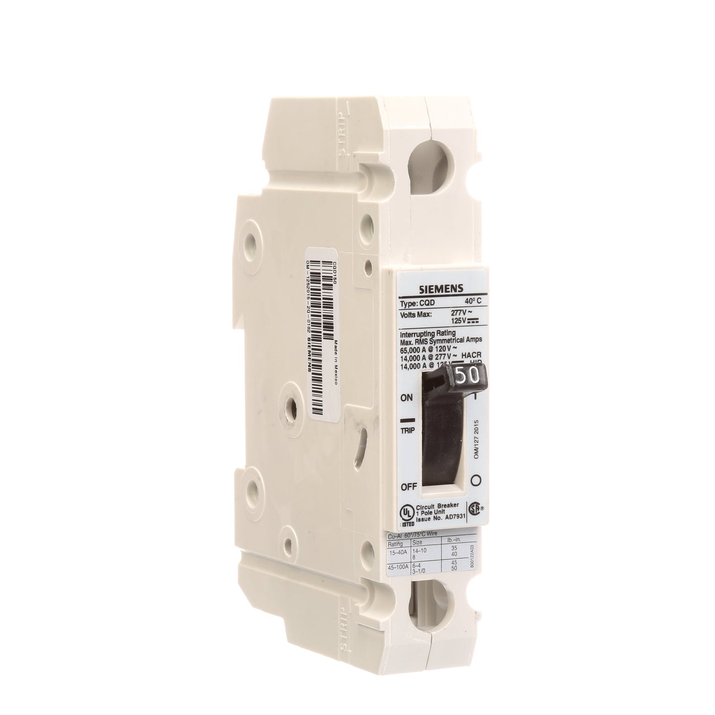 Siemens CQD150 Circuit Breaker | 277V 50A 1P 14kA@277V Feed-Thru CQD Series