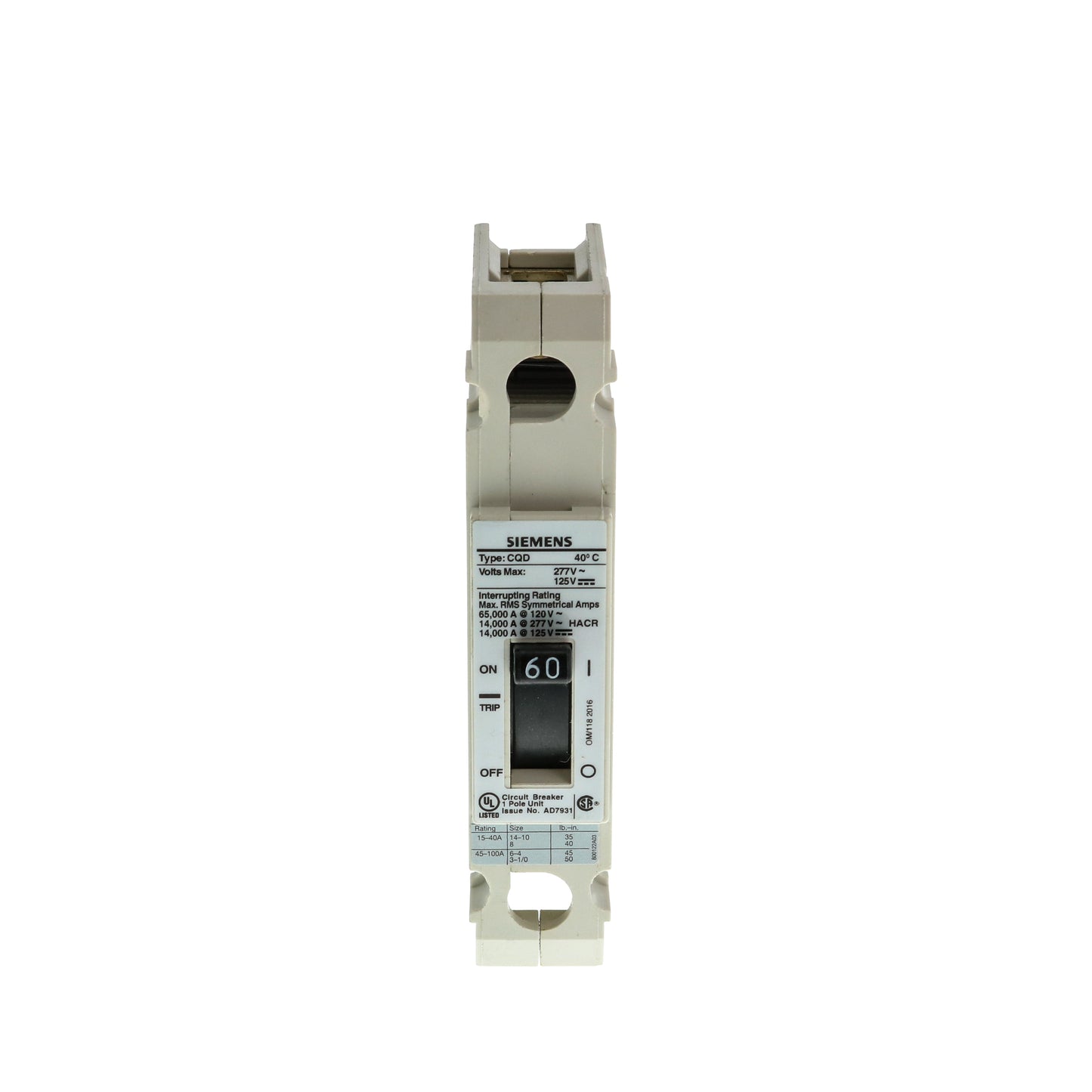 Siemens CQD160 Circuit Breaker | 277V 60A 1P 14kA@277V Feed-Thru CQD Series