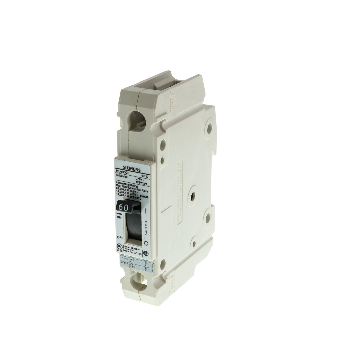 Siemens CQD160 Circuit Breaker | 277V 60A 1P 14kA@277V Feed-Thru CQD Series