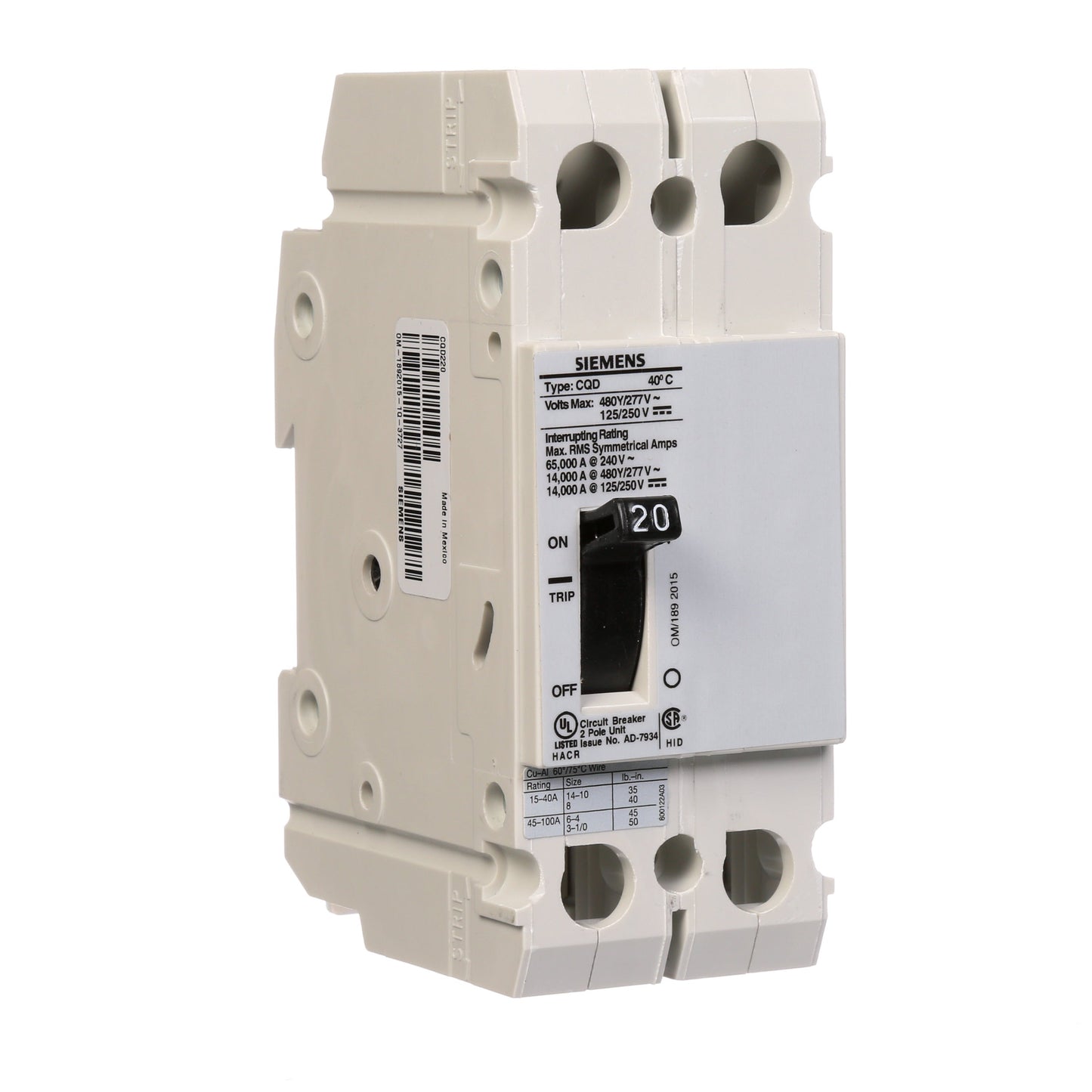Siemens CQD220 Circuit Breaker | 480V 20A 2P 14kA@480V Feed-Thru CQD Series