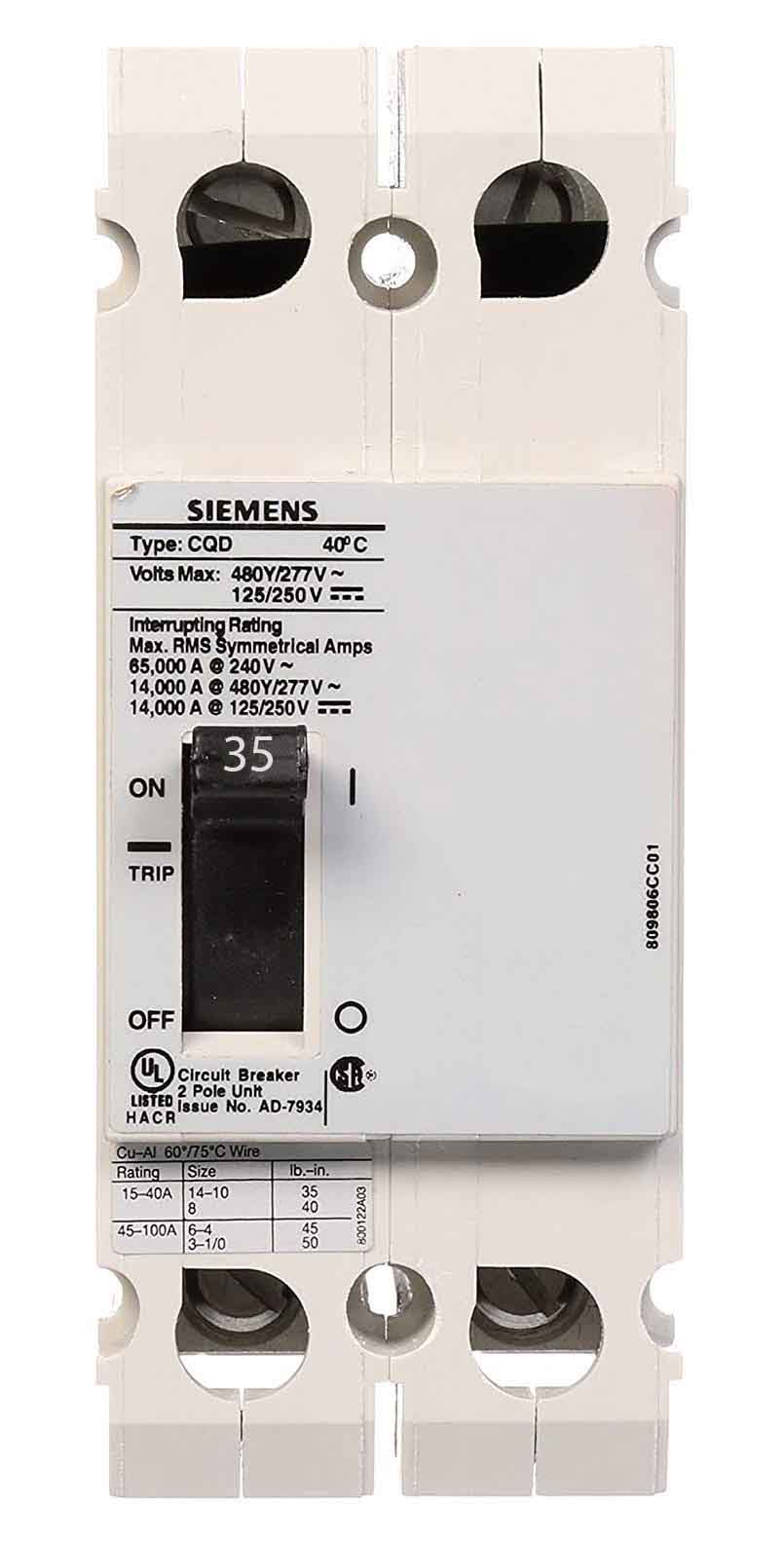 Siemens CQD235 Circuit Breaker | 480V 35A 2P 14kA@480V Feed-Thru CQD Series