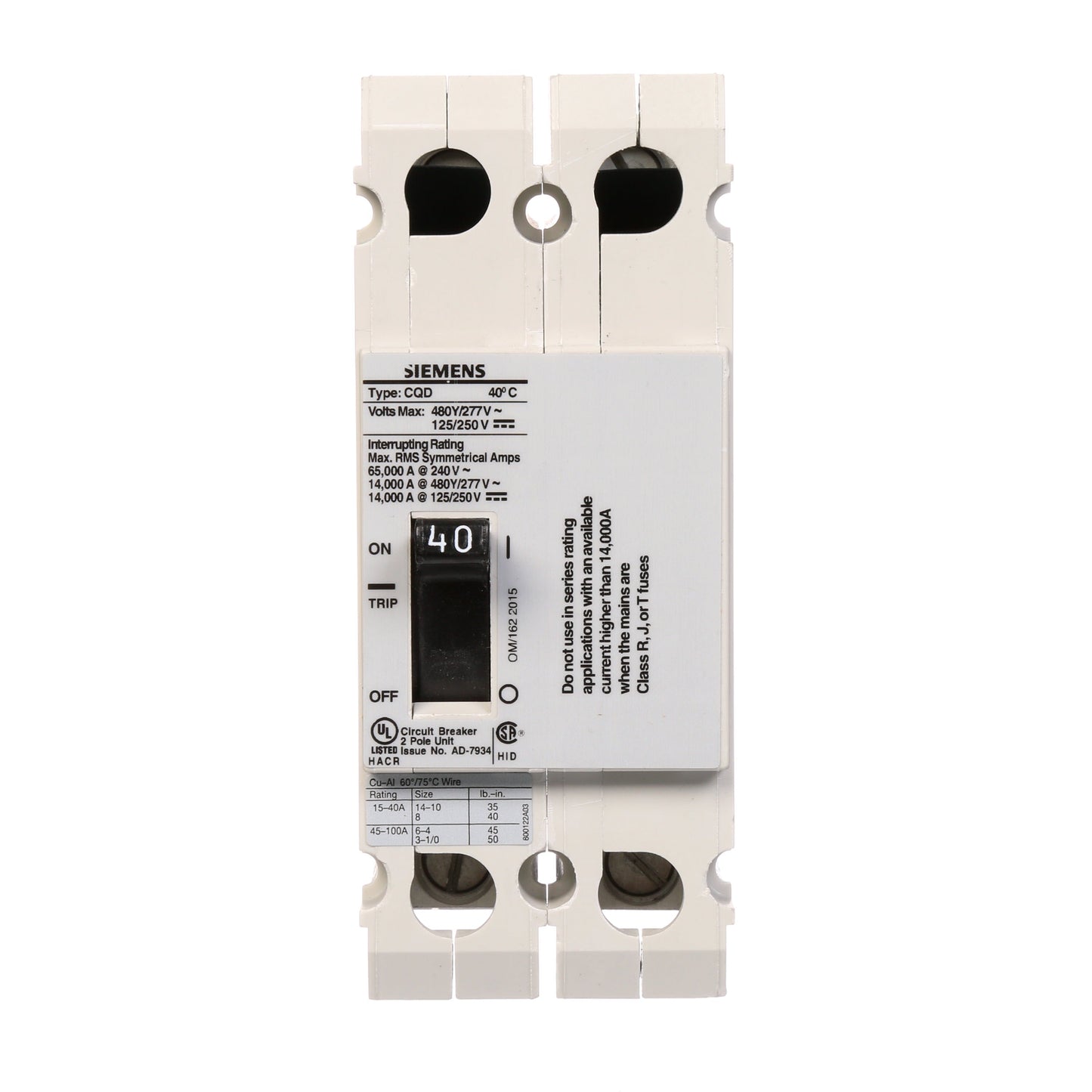 Siemens CQD240 Circuit Breaker | 480V 40A 2P 14kA@480V Feed-Thru CQD Series