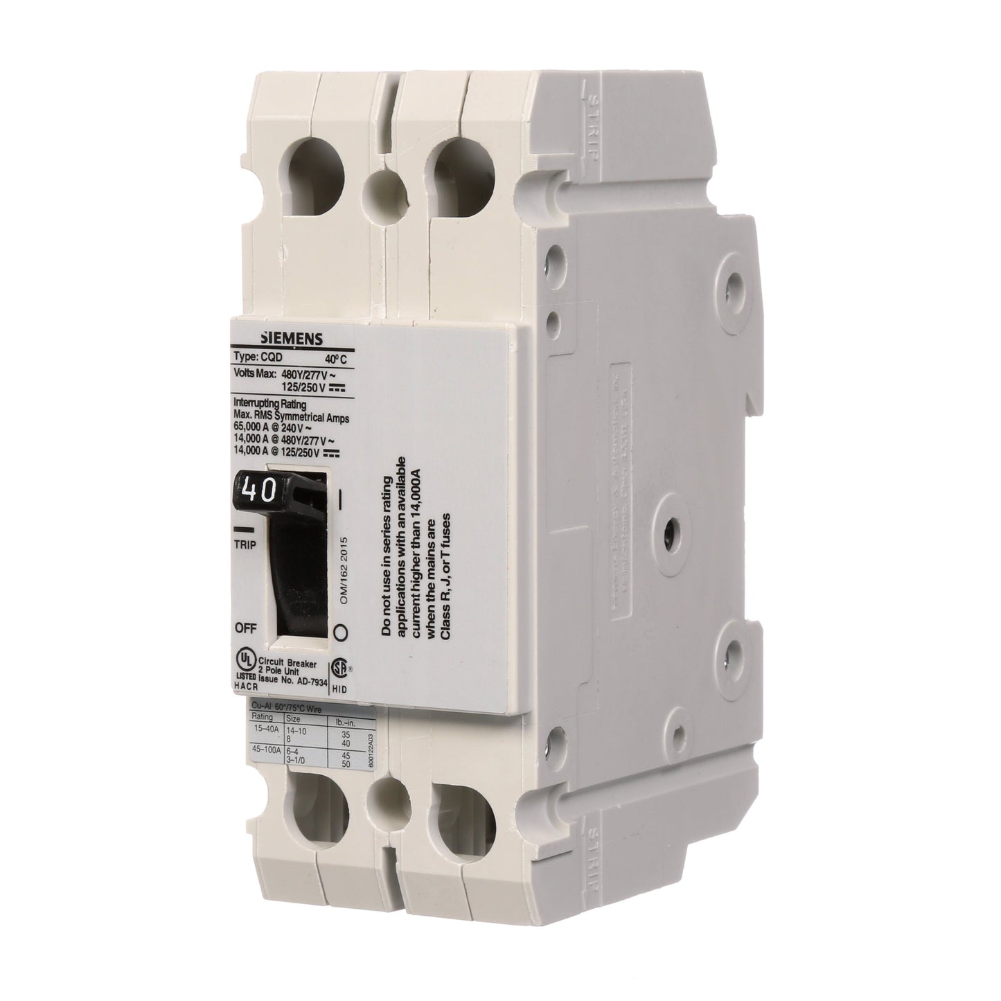 Siemens CQD240 Circuit Breaker | 480V 40A 2P 14kA@480V Feed-Thru CQD Series