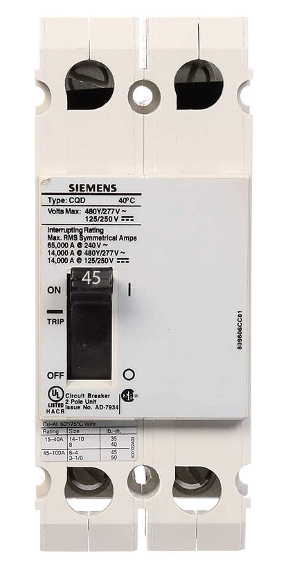 Siemens CQD245 Circuit Breaker | 480V 45A 2P 14kA@480V Feed-Thru CQD Series
