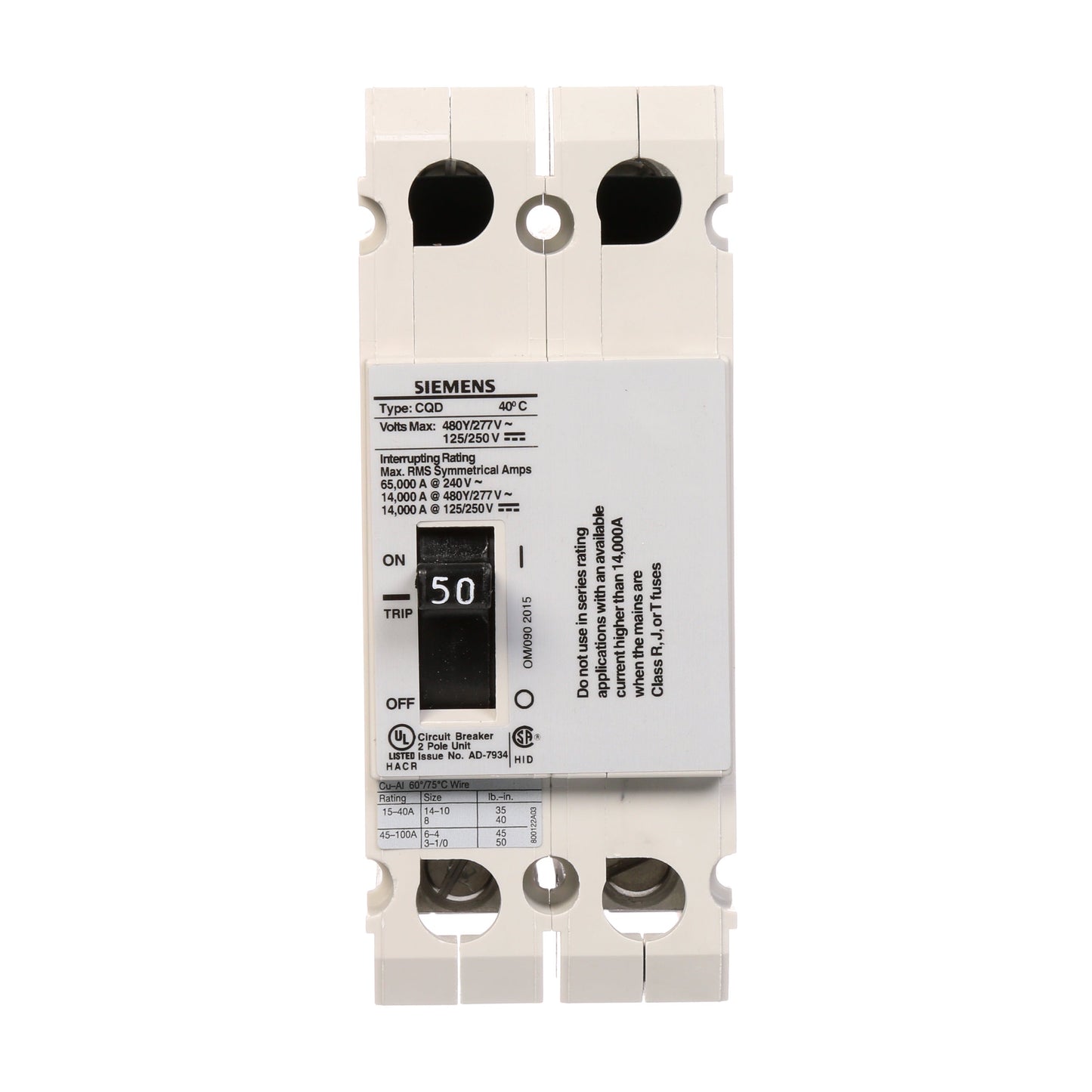 Siemens CQD250 Circuit Breaker | 480V 50A 2P 14kA@480V Feed-Thru CQD Series