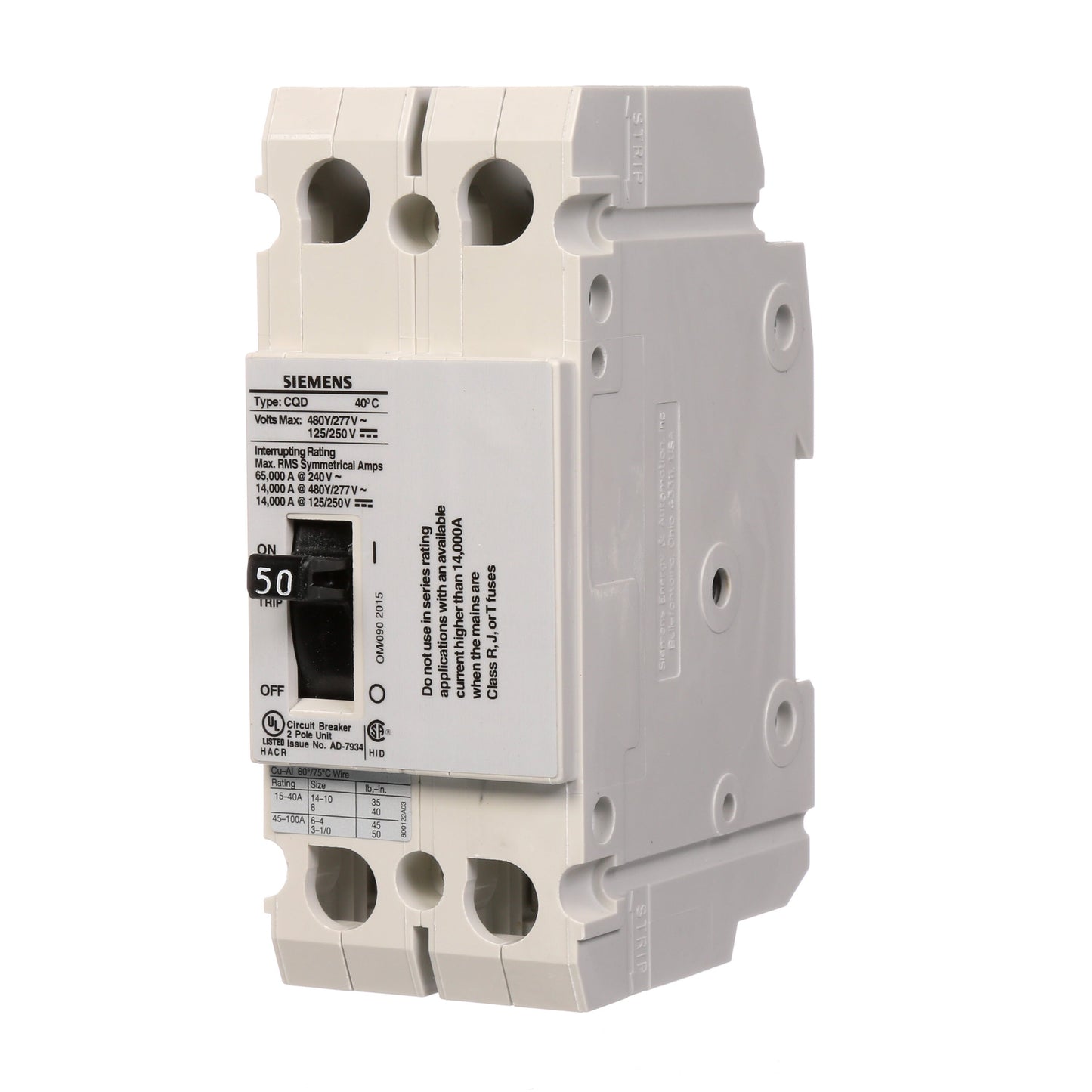 Siemens CQD250 Circuit Breaker | 480V 50A 2P 14kA@480V Feed-Thru CQD Series