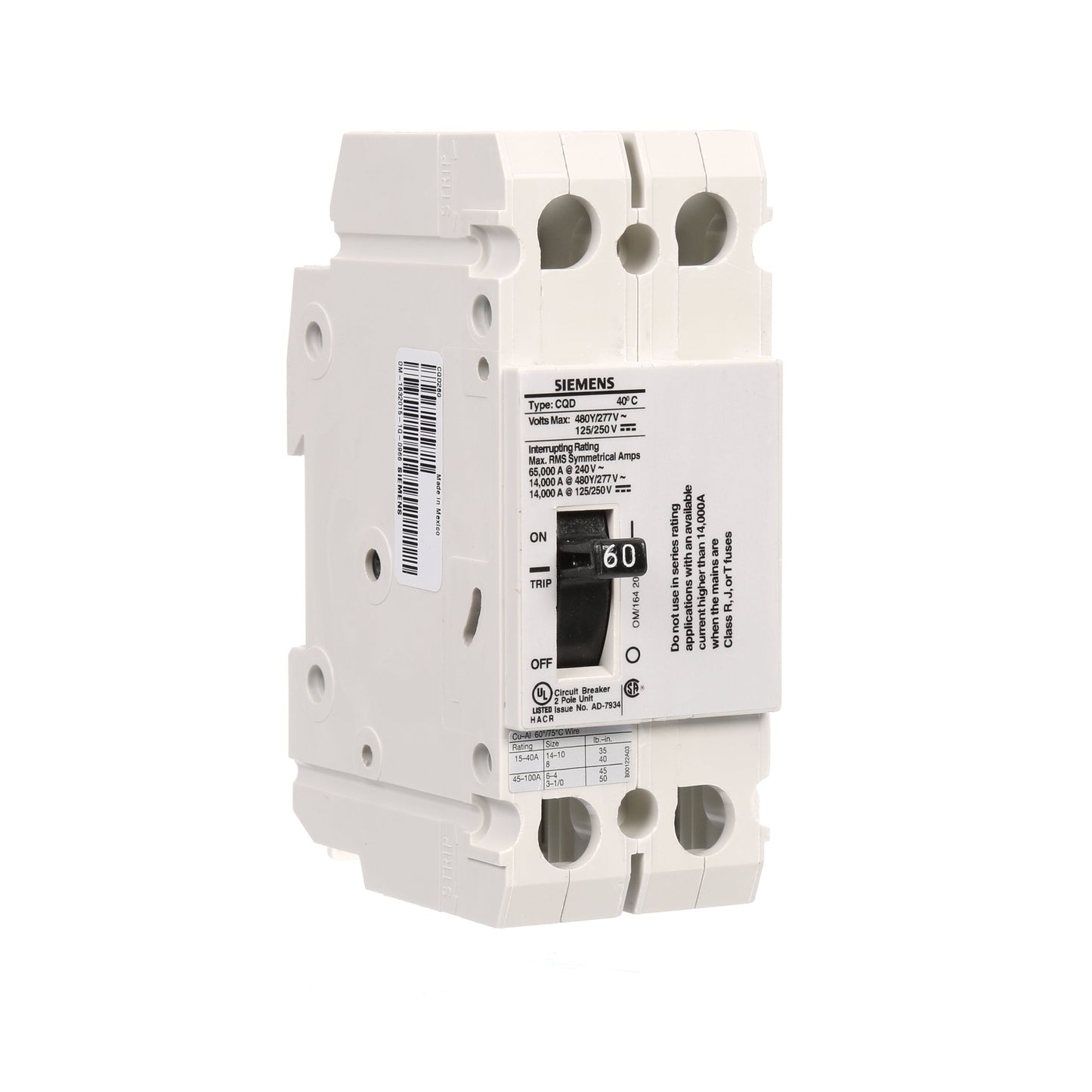 Siemens CQD260 Circuit Breaker | 480V 60A 2P 14kA@480V Feed-Thru CQD Series