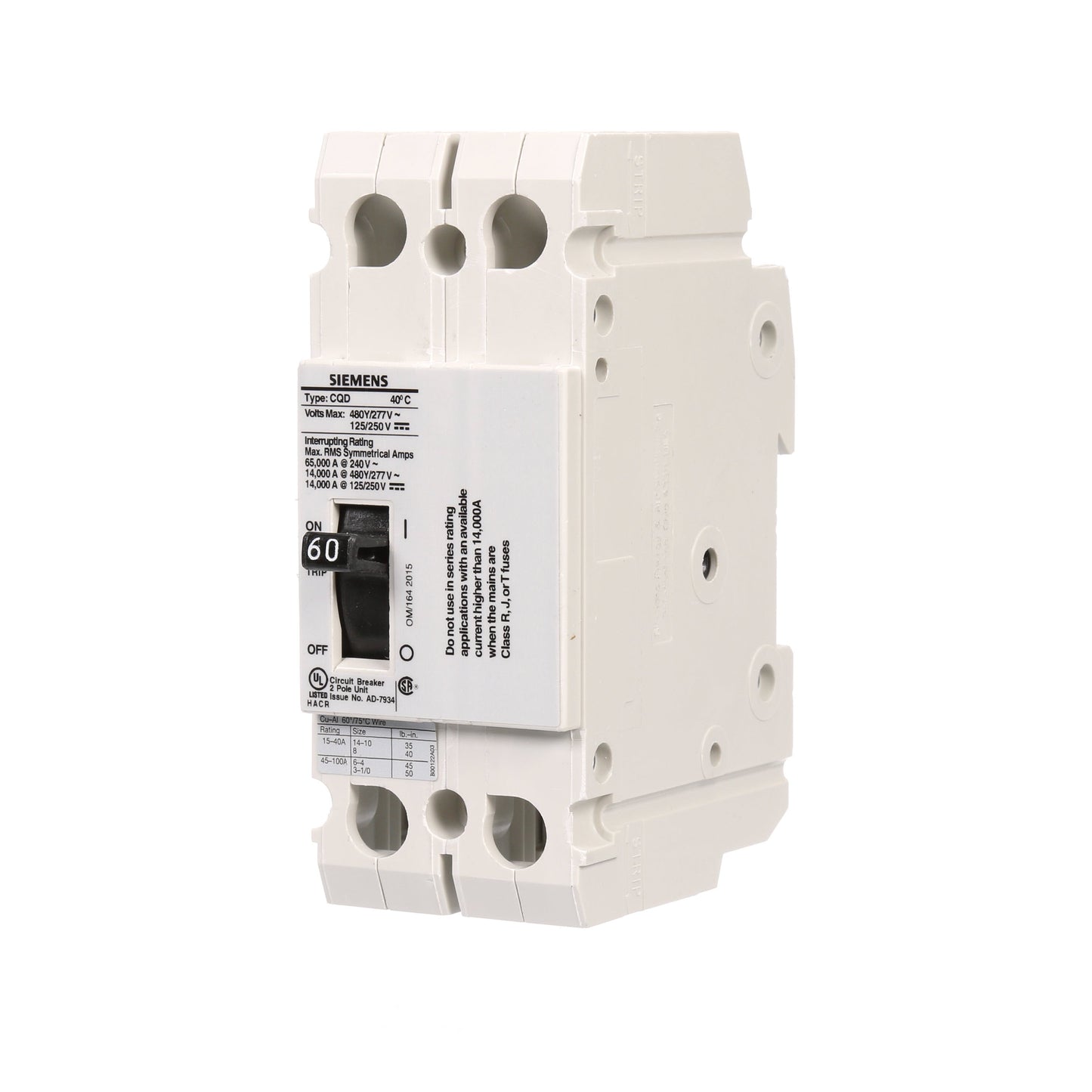 Siemens CQD260 Circuit Breaker | 480V 60A 2P 14kA@480V Feed-Thru CQD Series