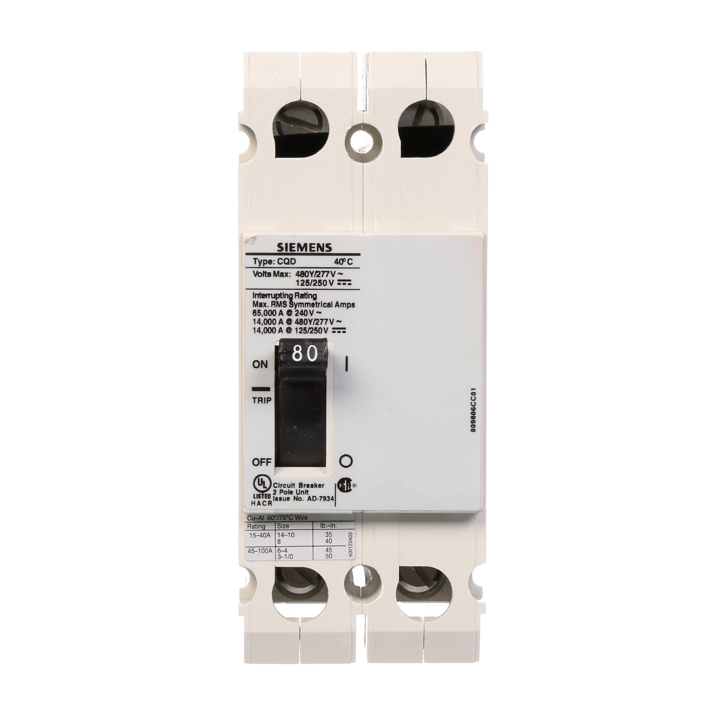 Siemens CQD280 Circuit Breaker | 480V 80A 2P 14kA@480V Feed-Thru CQD Series