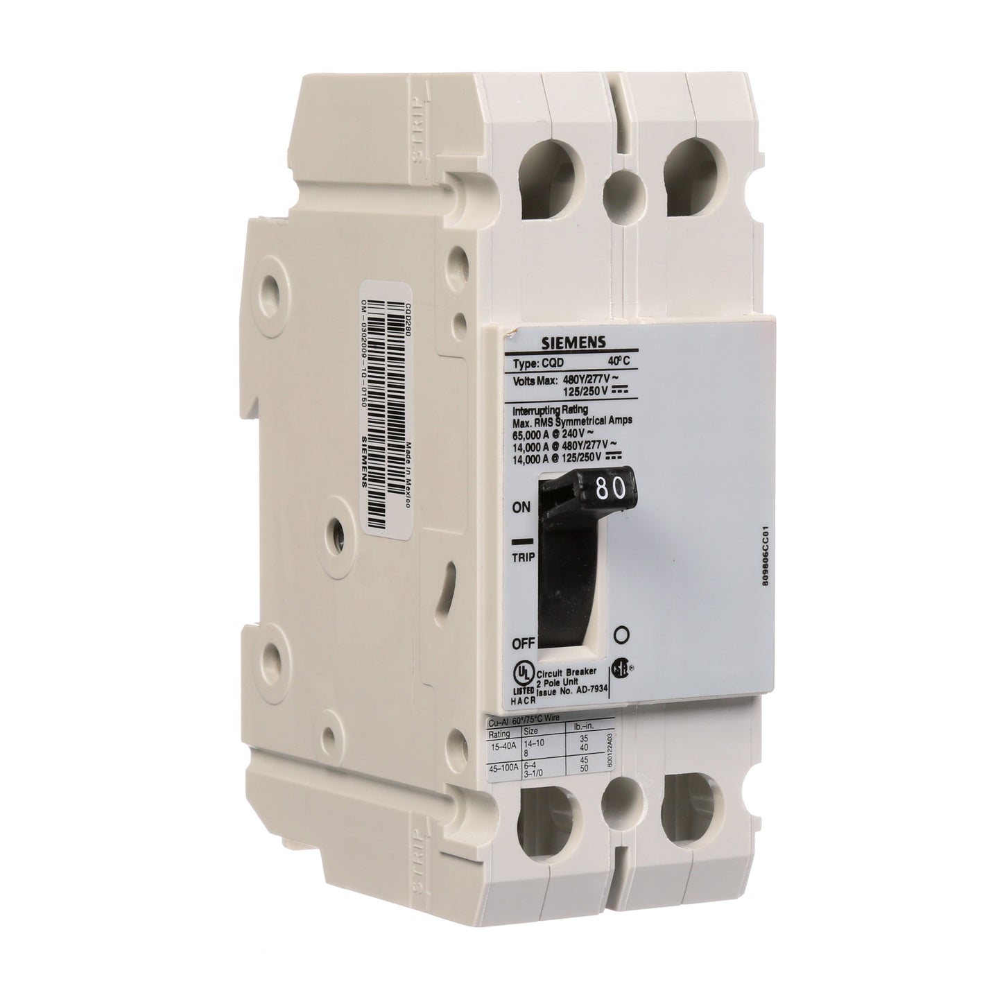Siemens CQD280 Circuit Breaker | 480V 80A 2P 14kA@480V Feed-Thru CQD Series