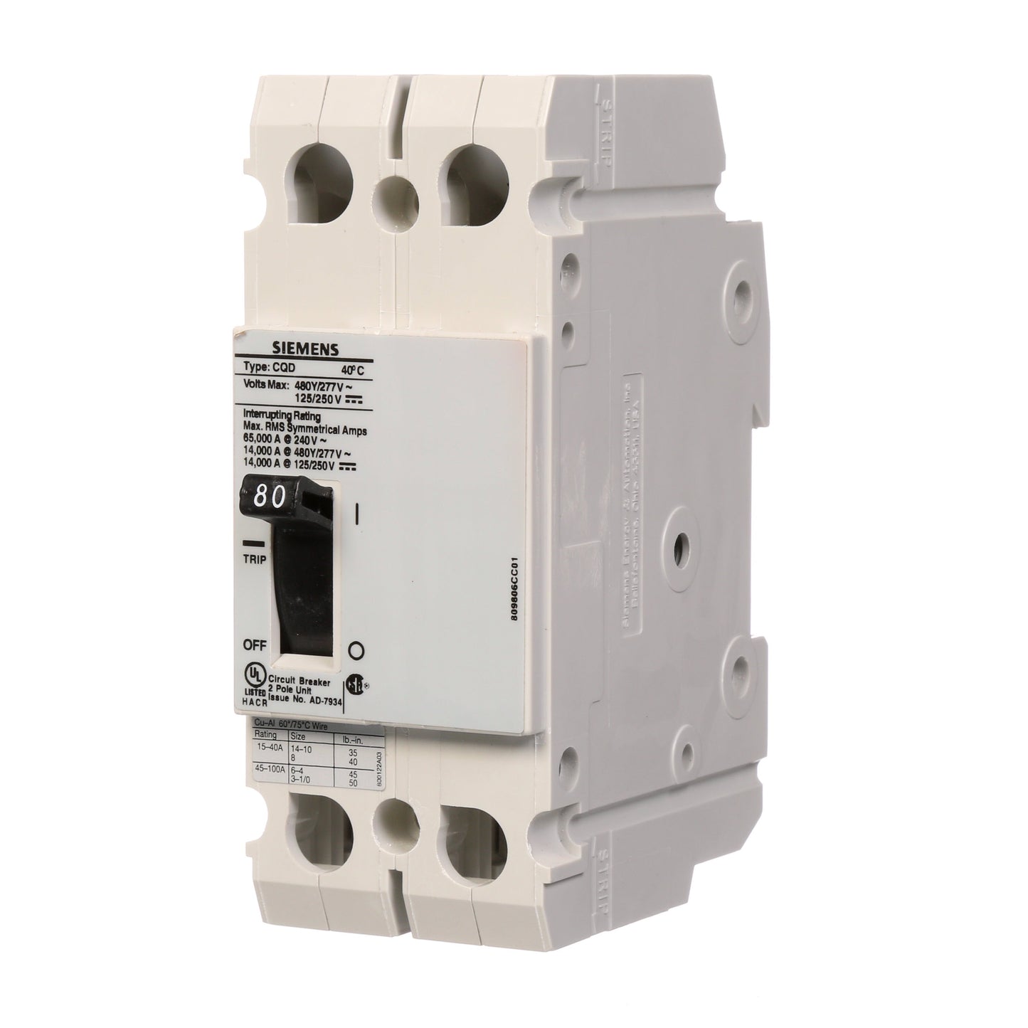 Siemens CQD280 Circuit Breaker | 480V 80A 2P 14kA@480V Feed-Thru CQD Series