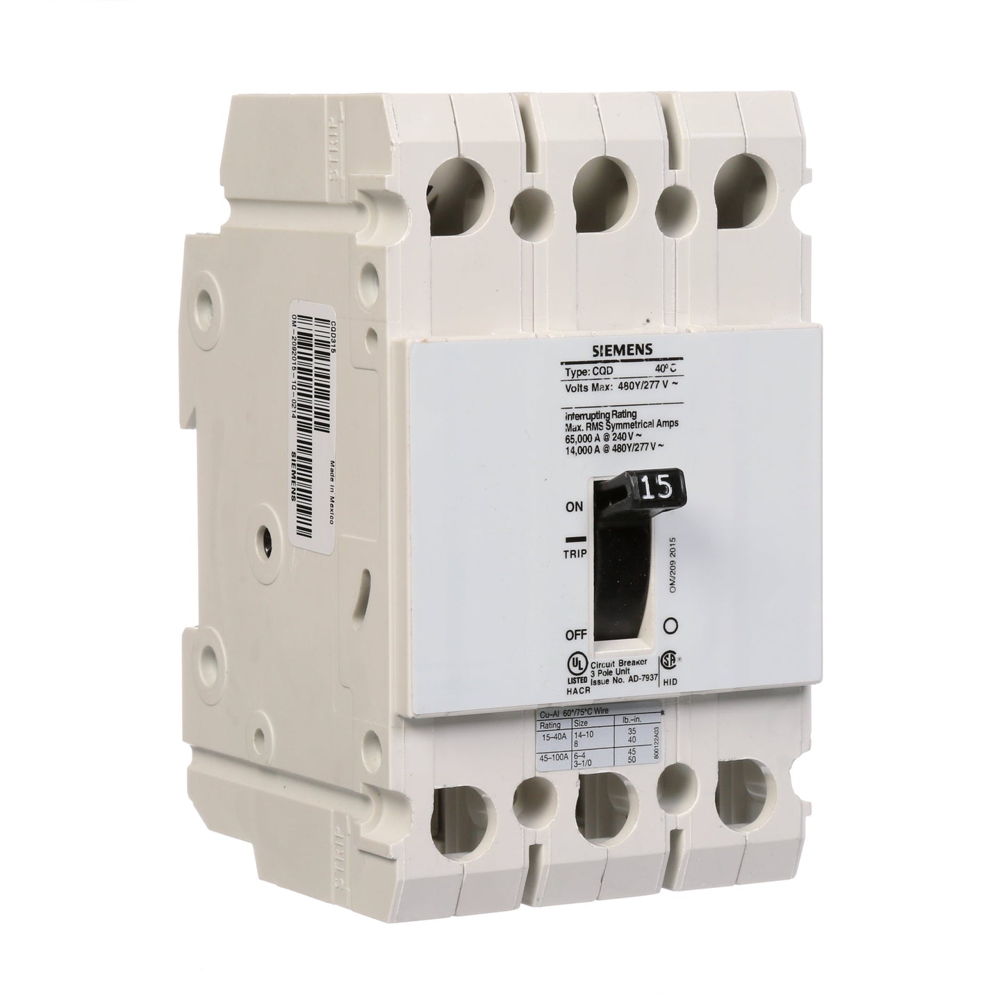 Siemens CQD315 Circuit Breaker | 480V 15A 3P 14kA@480V Feed-Thru CQD Series