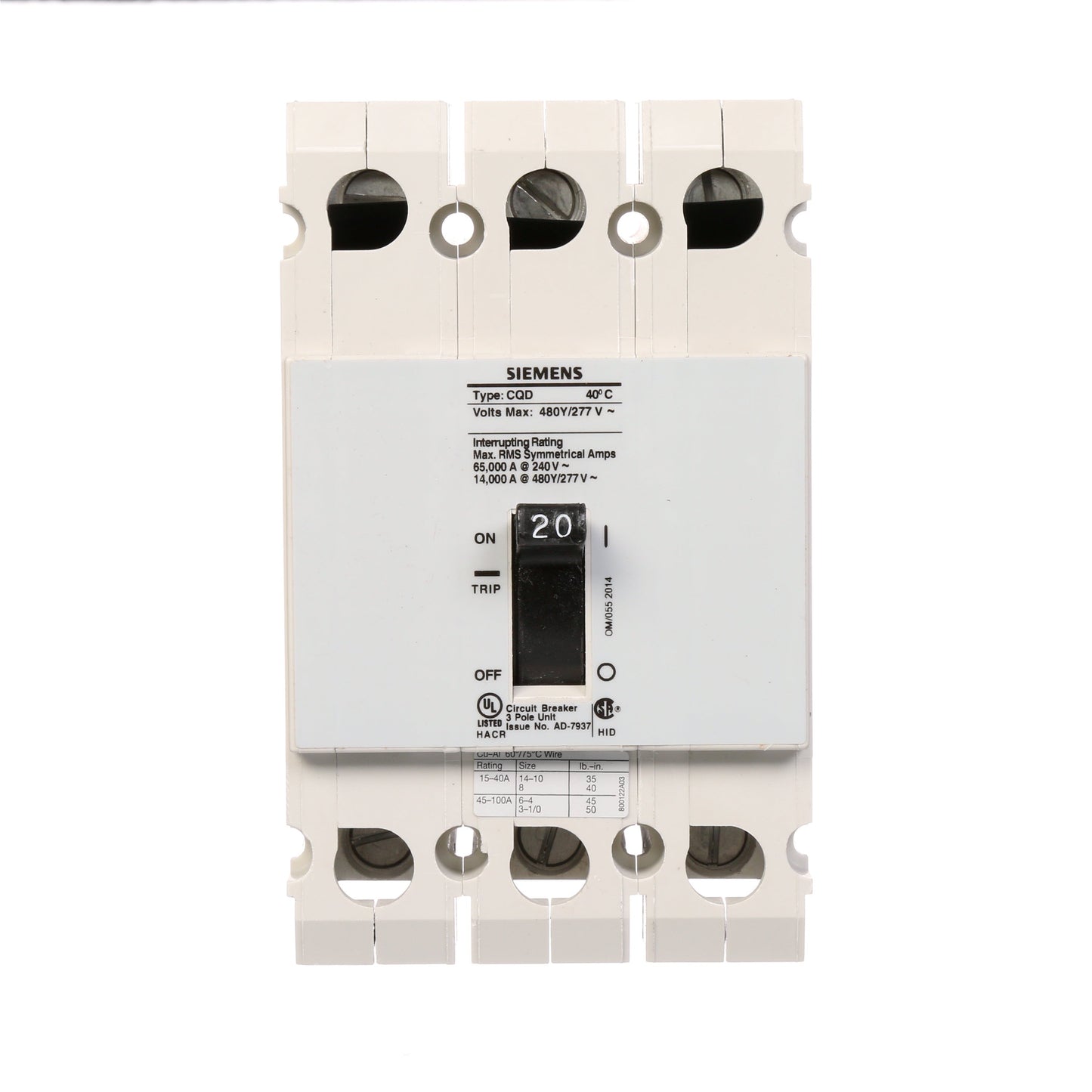 Siemens CQD320 Circuit Breaker | 480V 20A 3P 14kA@480V Feed-Thru CQD Series