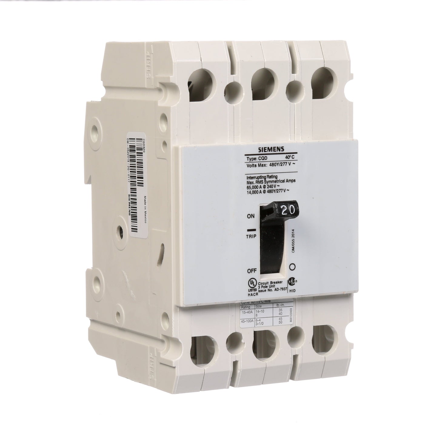 Siemens CQD320 Circuit Breaker | 480V 20A 3P 14kA@480V Feed-Thru CQD Series