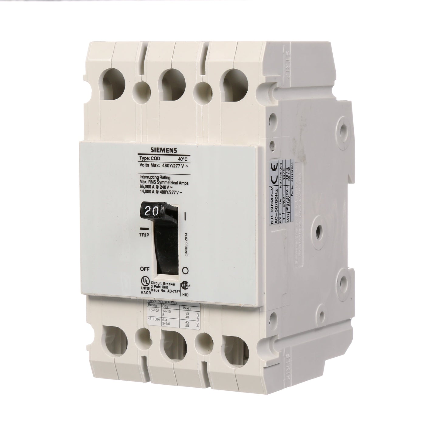 Siemens CQD320 Circuit Breaker | 480V 20A 3P 14kA@480V Feed-Thru CQD Series