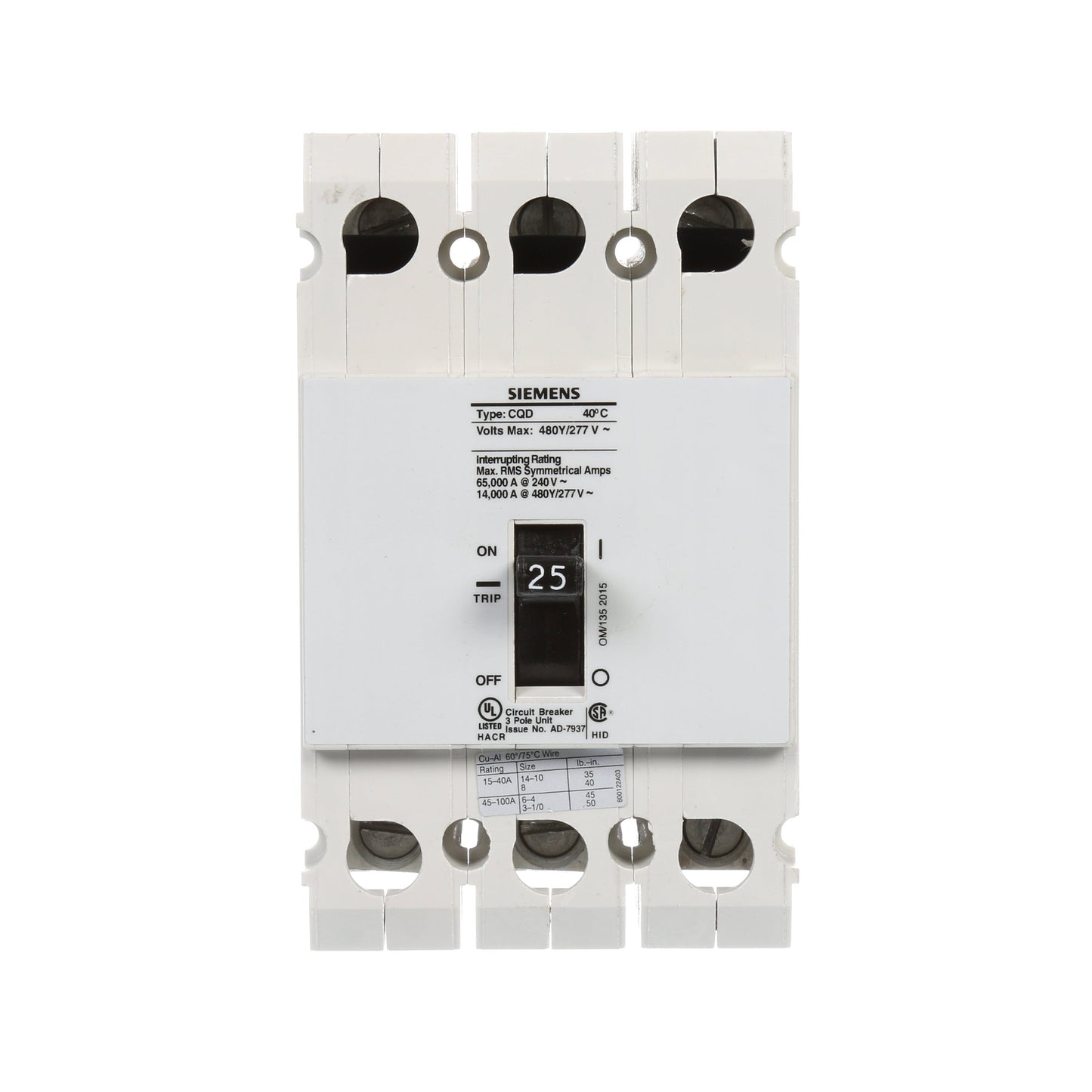 Siemens CQD325 Circuit Breaker | 480V 25A 3P 14kA@480V Feed-Thru CQD Series