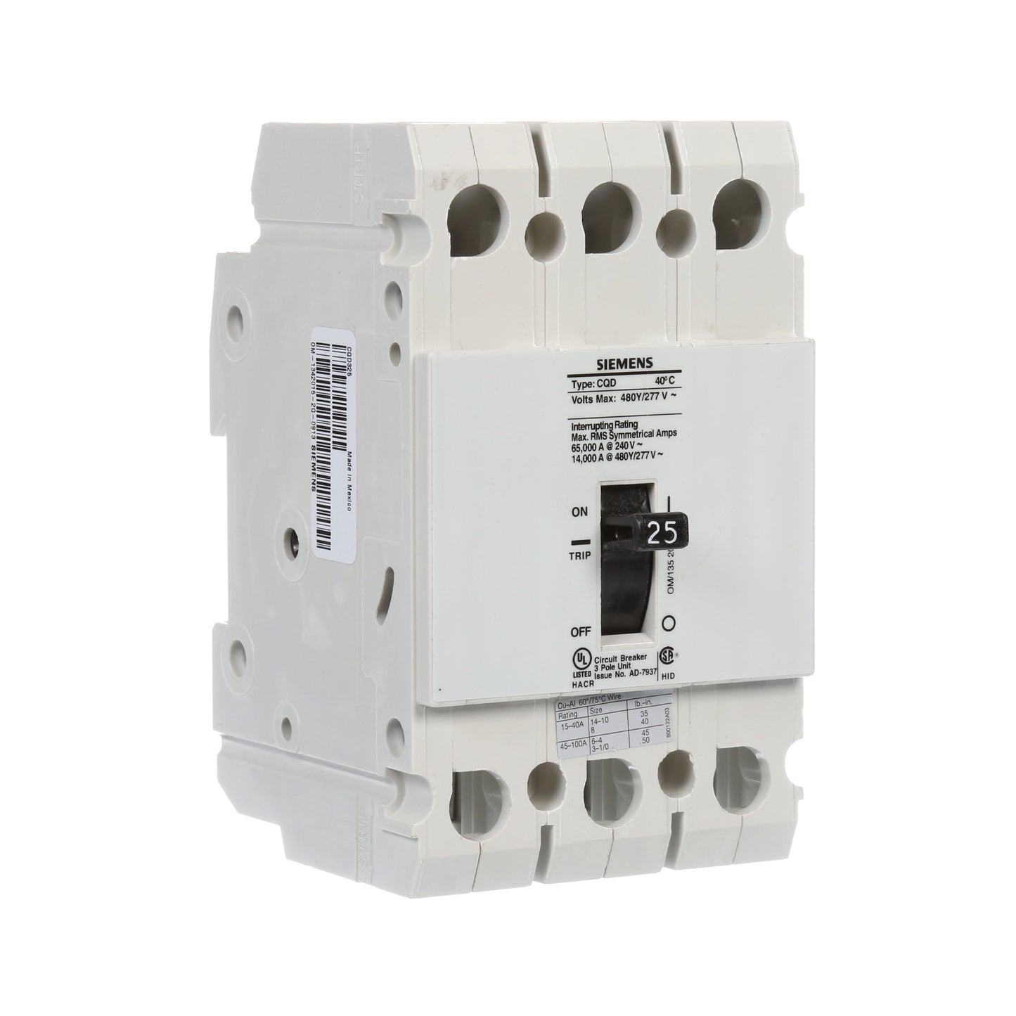 Siemens CQD325 Circuit Breaker | 480V 25A 3P 14kA@480V Feed-Thru CQD Series