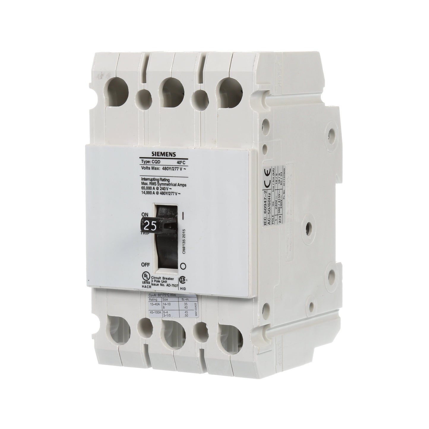 Siemens CQD325 Circuit Breaker | 480V 25A 3P 14kA@480V Feed-Thru CQD Series