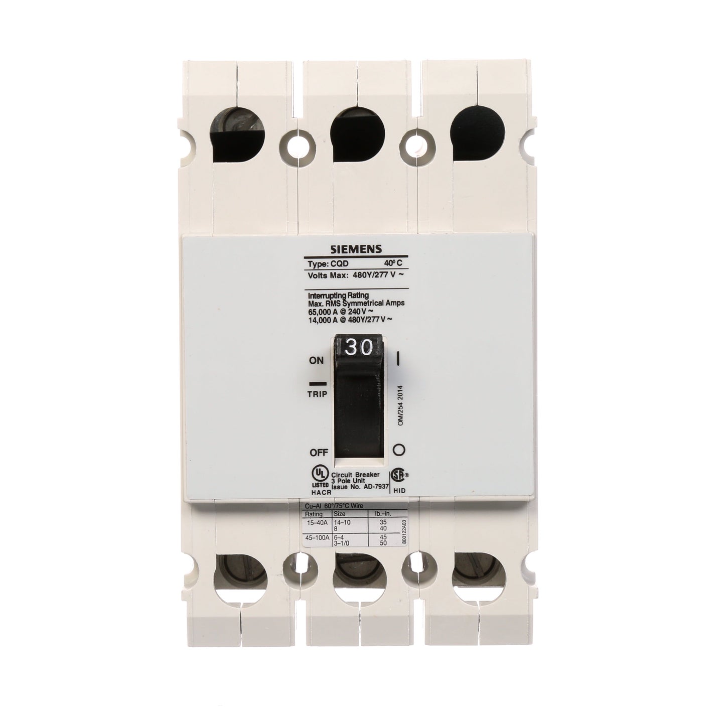 Siemens CQD330 Circuit Breaker | 480V 30A 3P 14kA@480V Feed-Thru CQD Series