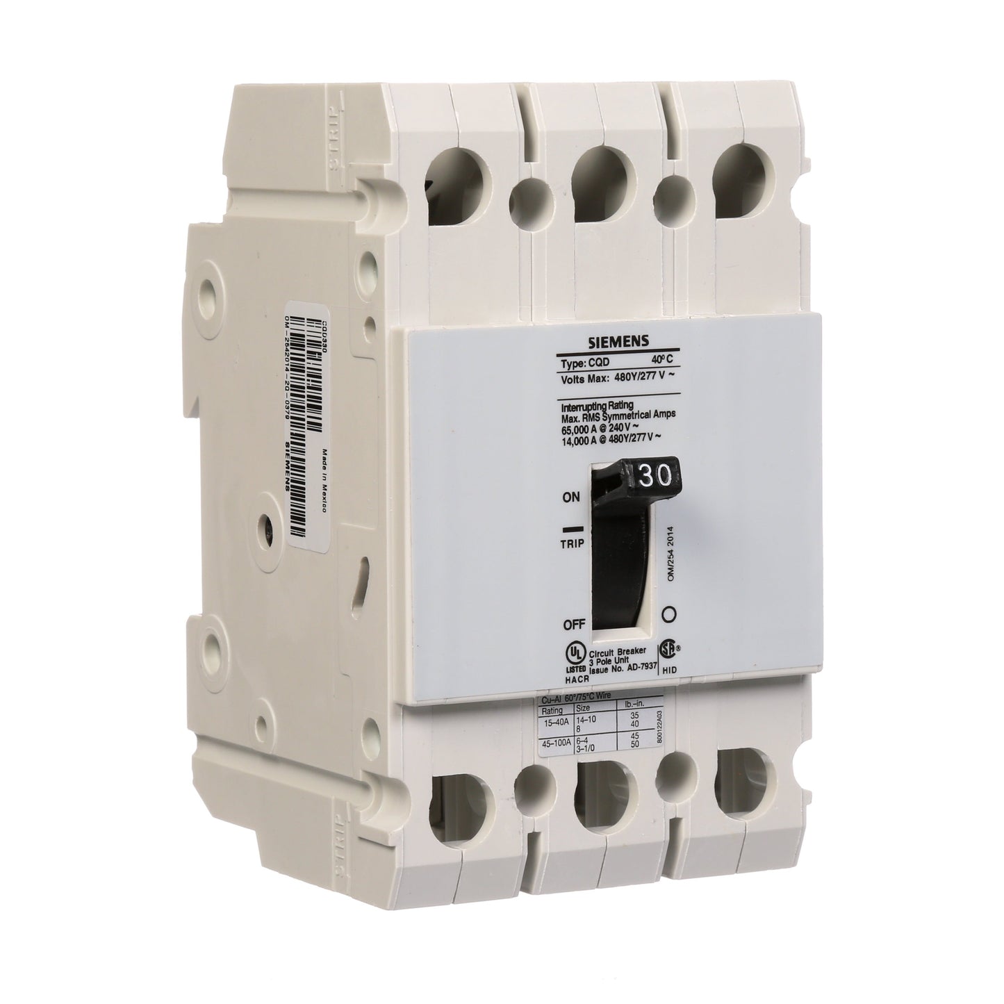 Siemens CQD330 Circuit Breaker | 480V 30A 3P 14kA@480V Feed-Thru CQD Series
