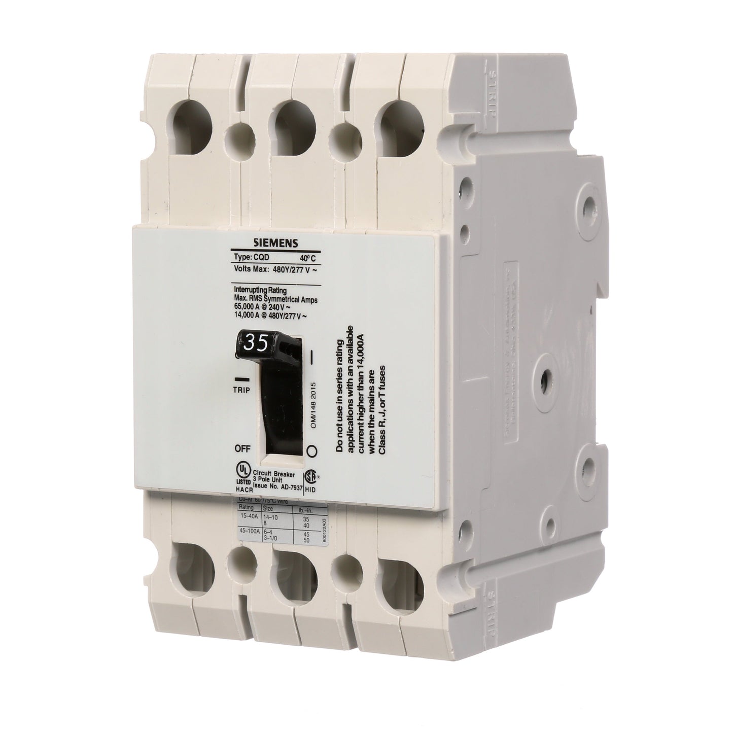 Siemens CQD335 Circuit Breaker | 480V 35A 3P 14kA@480V Feed-Thru CQD Series