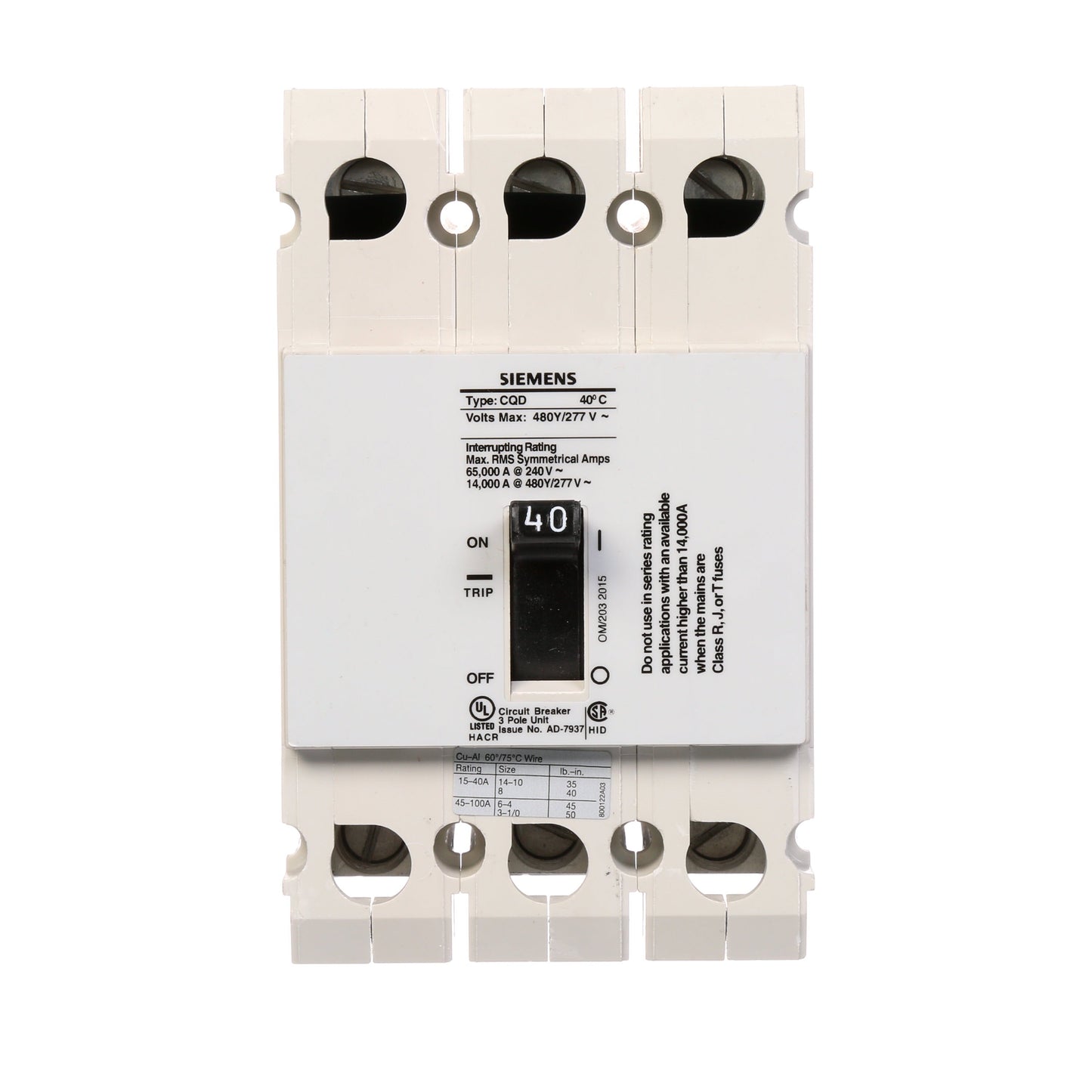 Siemens CQD340 Circuit Breaker | 480V 40A 3P 14kA@480V Feed-Thru CQD Series