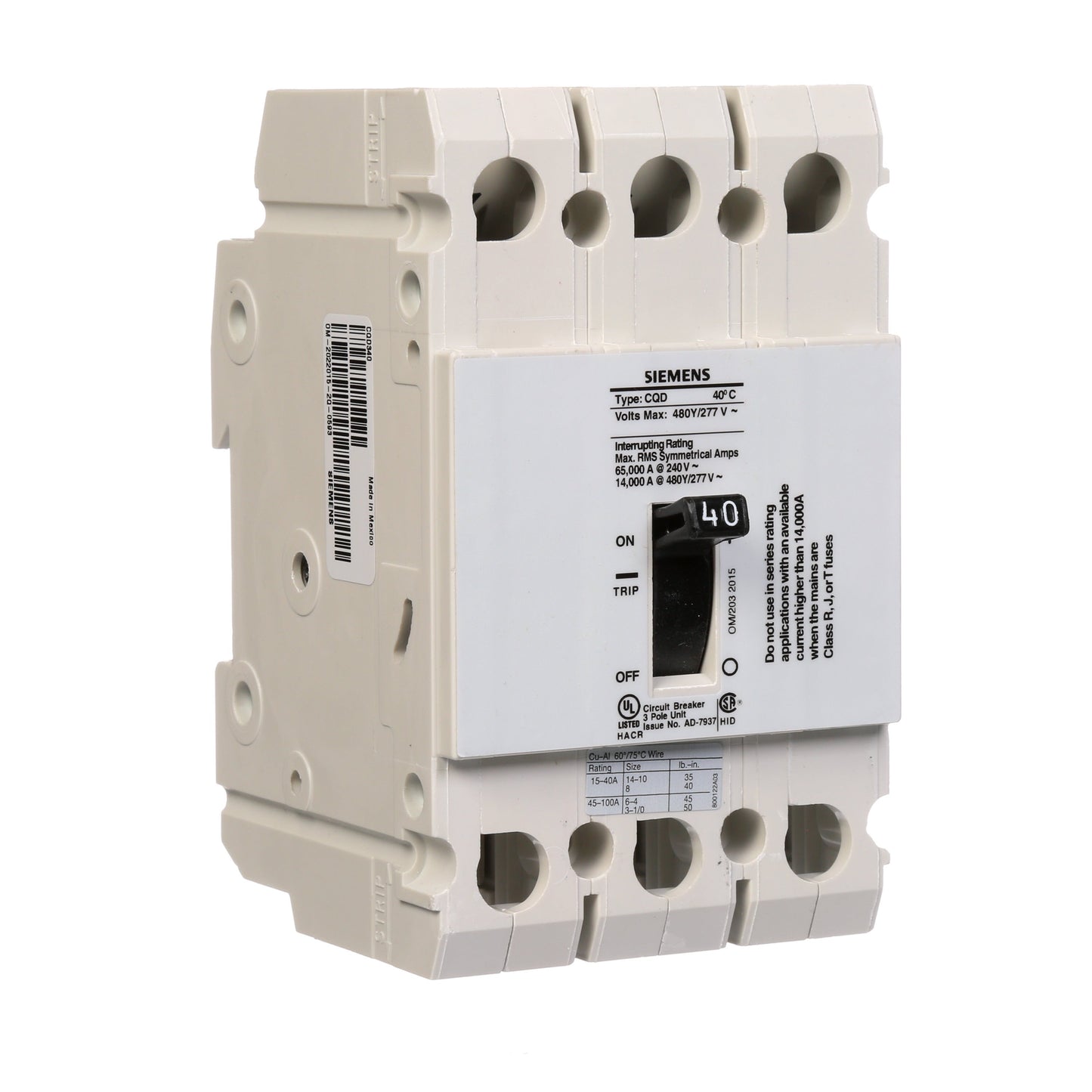 Siemens CQD340 Circuit Breaker | 480V 40A 3P 14kA@480V Feed-Thru CQD Series