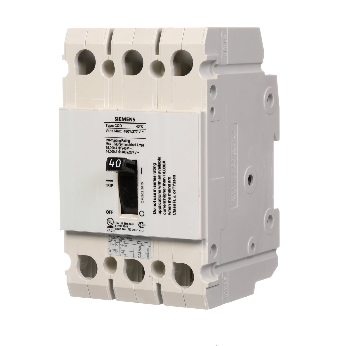 Siemens CQD340 Circuit Breaker | 480V 40A 3P 14kA@480V Feed-Thru CQD Series