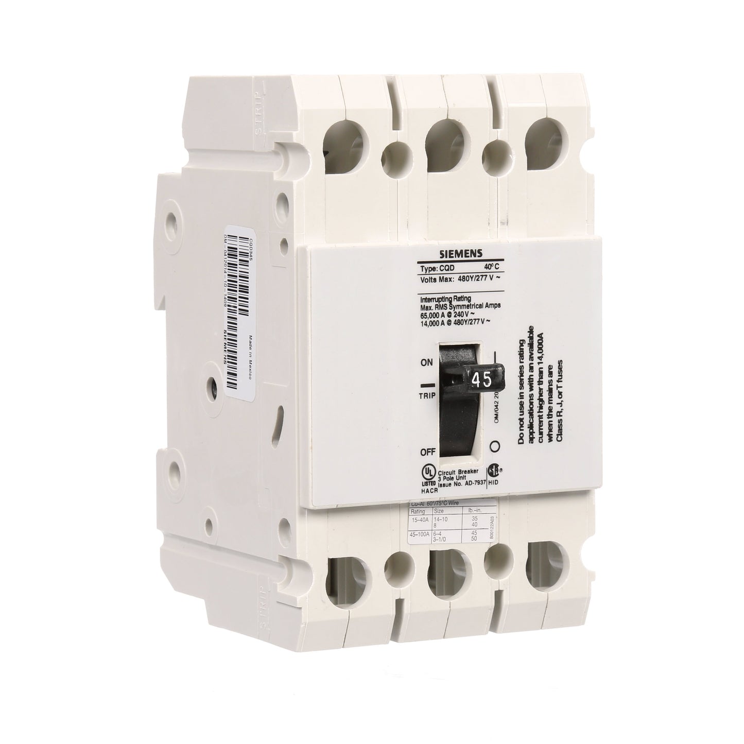 Siemens CQD345 Circuit Breaker | 480V 45A 3P 14kA@480V Feed-Thru CQD Series