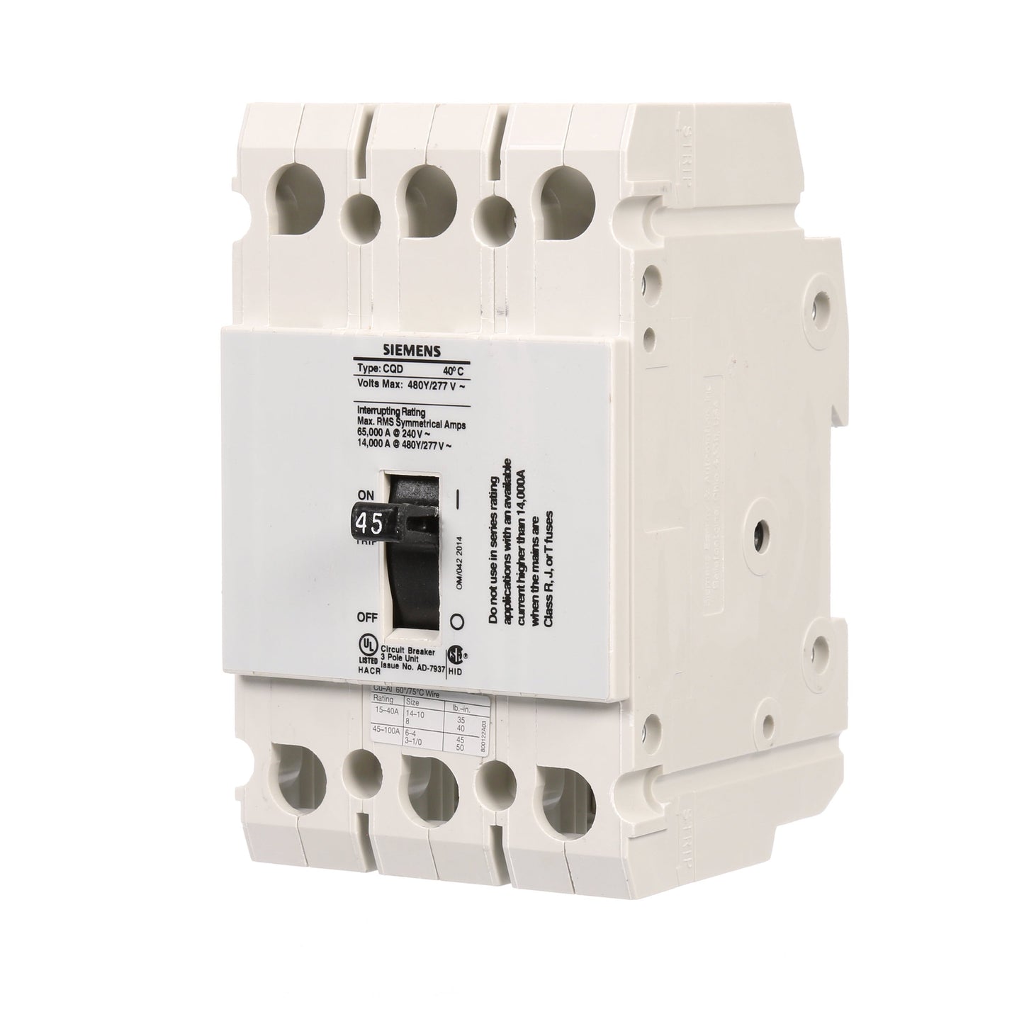 Siemens CQD345 Circuit Breaker | 480V 45A 3P 14kA@480V Feed-Thru CQD Series
