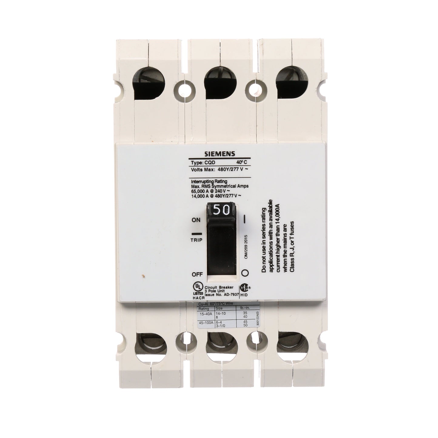 Siemens CQD350 Circuit Breaker | 480V 50A 3P 14kA@480V Feed-Thru CQD Series