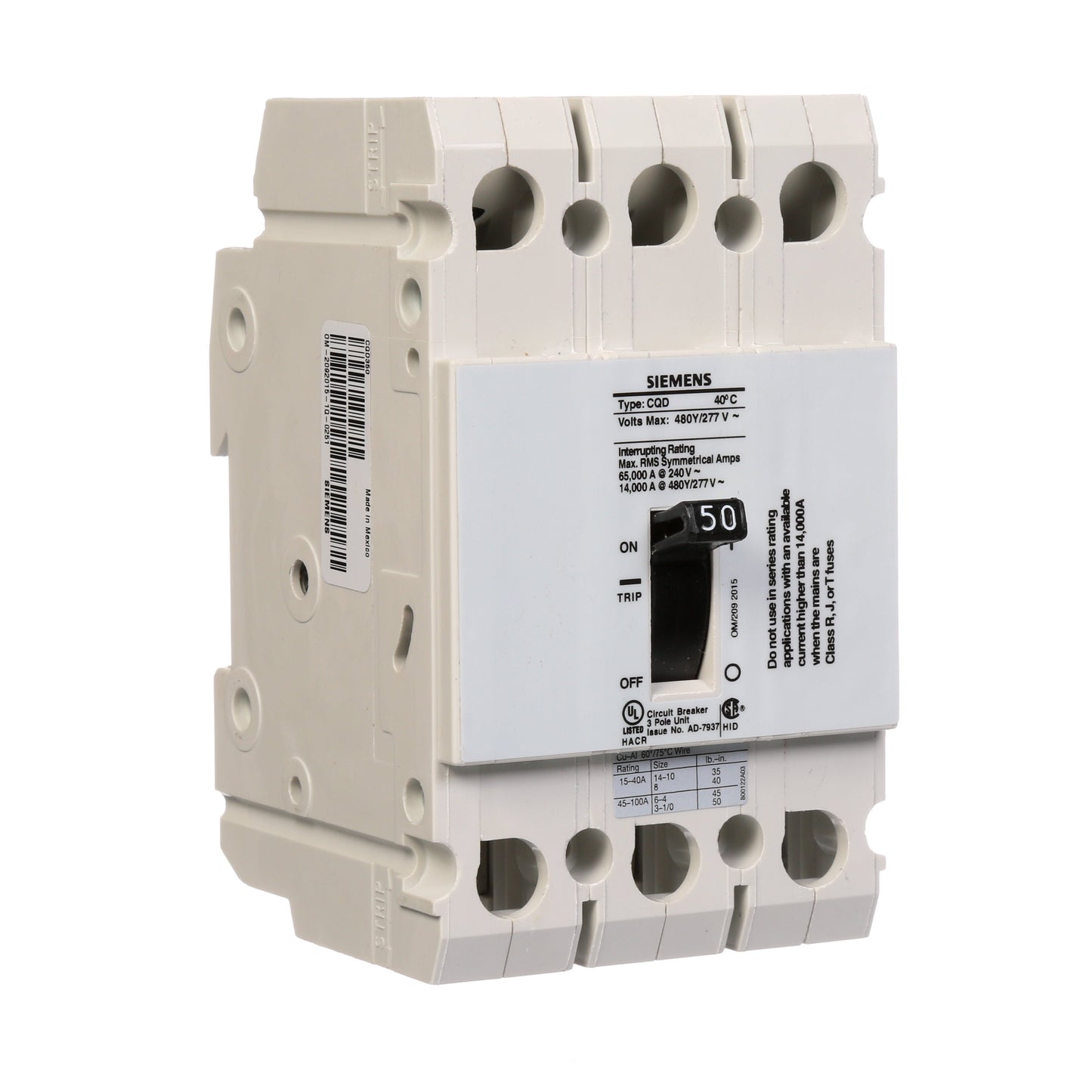 Siemens CQD350 Circuit Breaker | 480V 50A 3P 14kA@480V Feed-Thru CQD Series