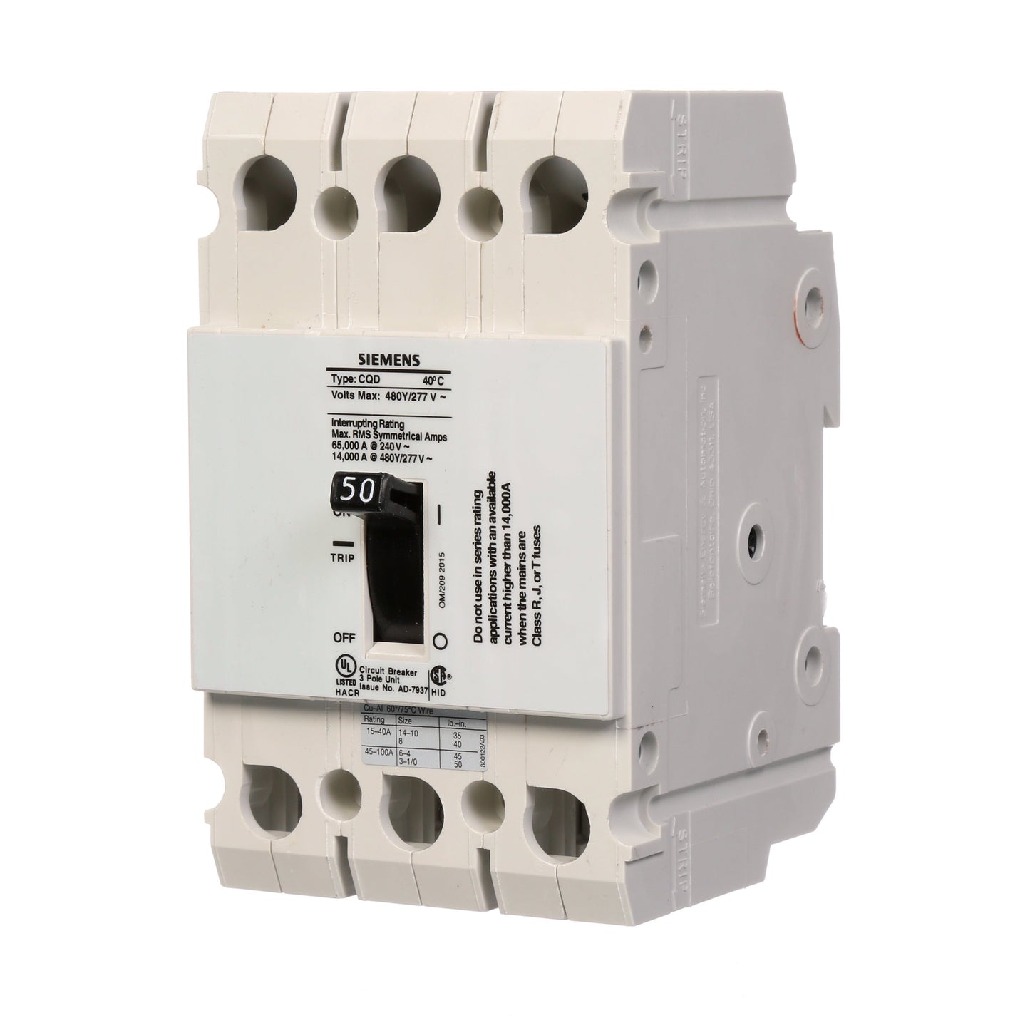 Siemens CQD350 Circuit Breaker | 480V 50A 3P 14kA@480V Feed-Thru CQD Series